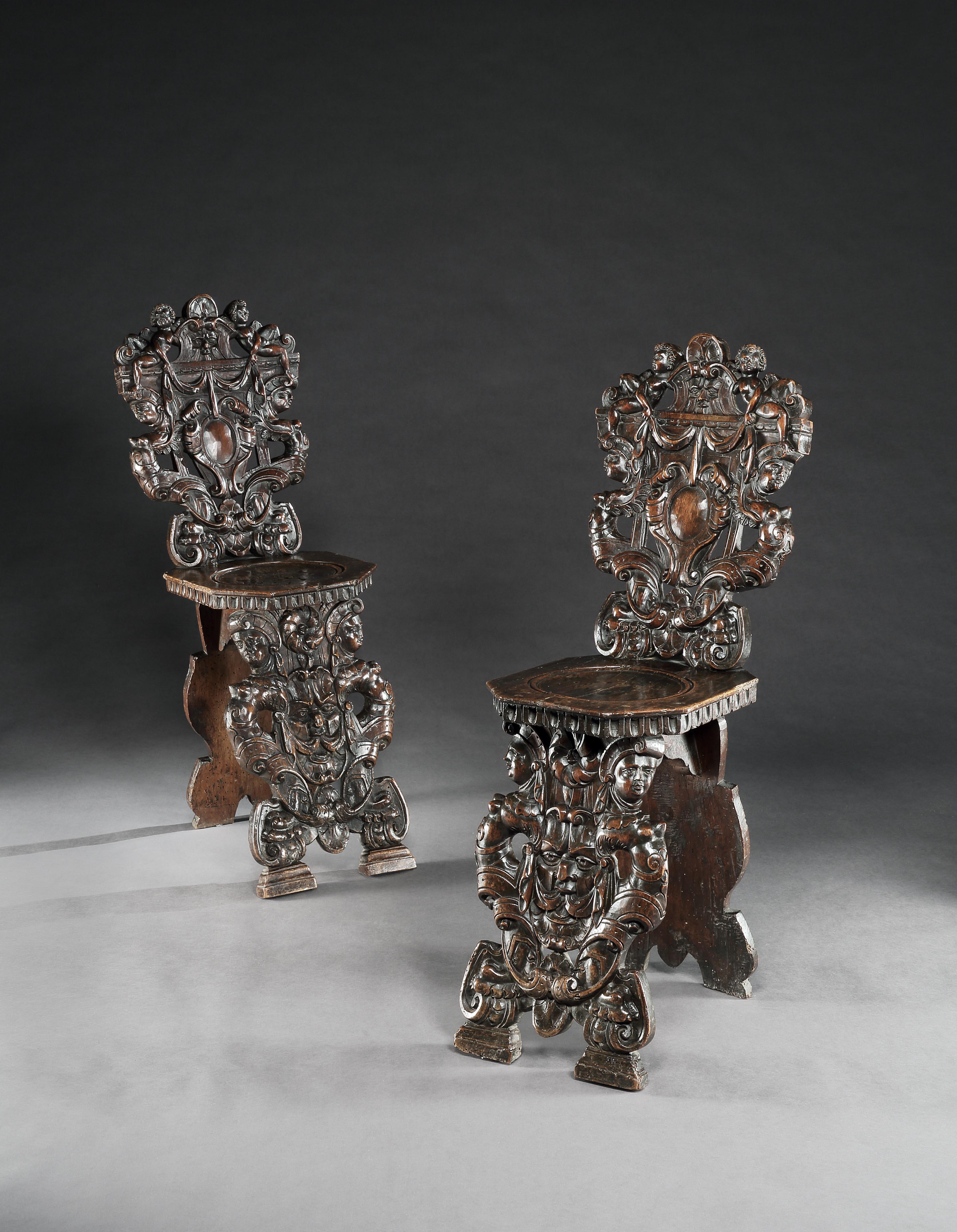 The quality of these exhuberant backstools demonstrate why Italian Renaissance furniture was as highly prized as old-master paintings. They were associated with Venice and the design was disseminated throughout Europe in the late-16th century. Known