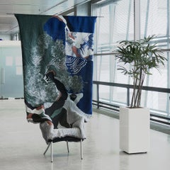 Chair tapestry room divider based on a drawing called "View from the bed"