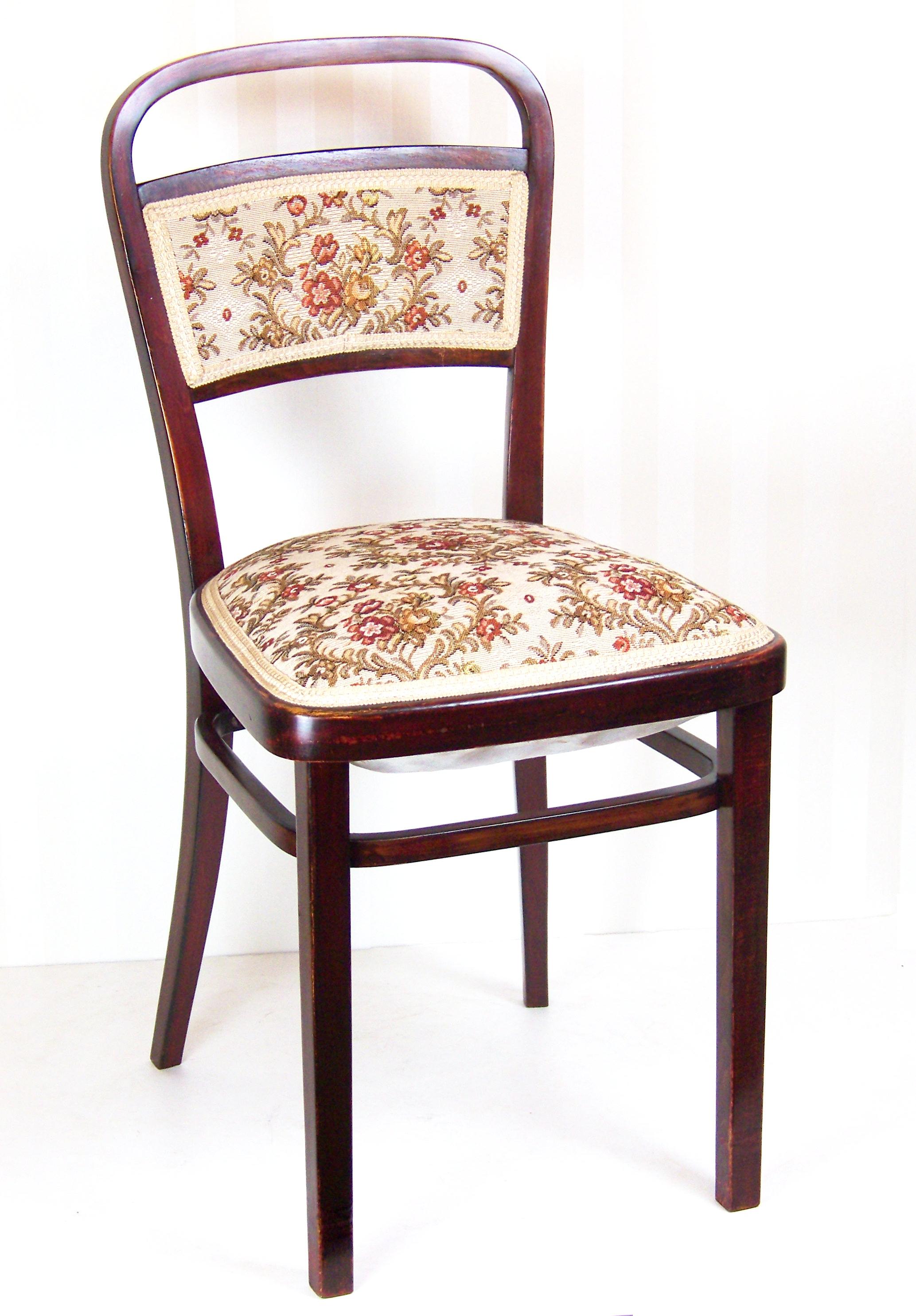 Upholstered version of the chair, designed in 1905 by Otto Wagner for the Viennese Österreichische Postsparkasse . Wooden construction is perfectly cleaned and re-polished with shelack finish. The upholstery is older, the fabric is almost the same