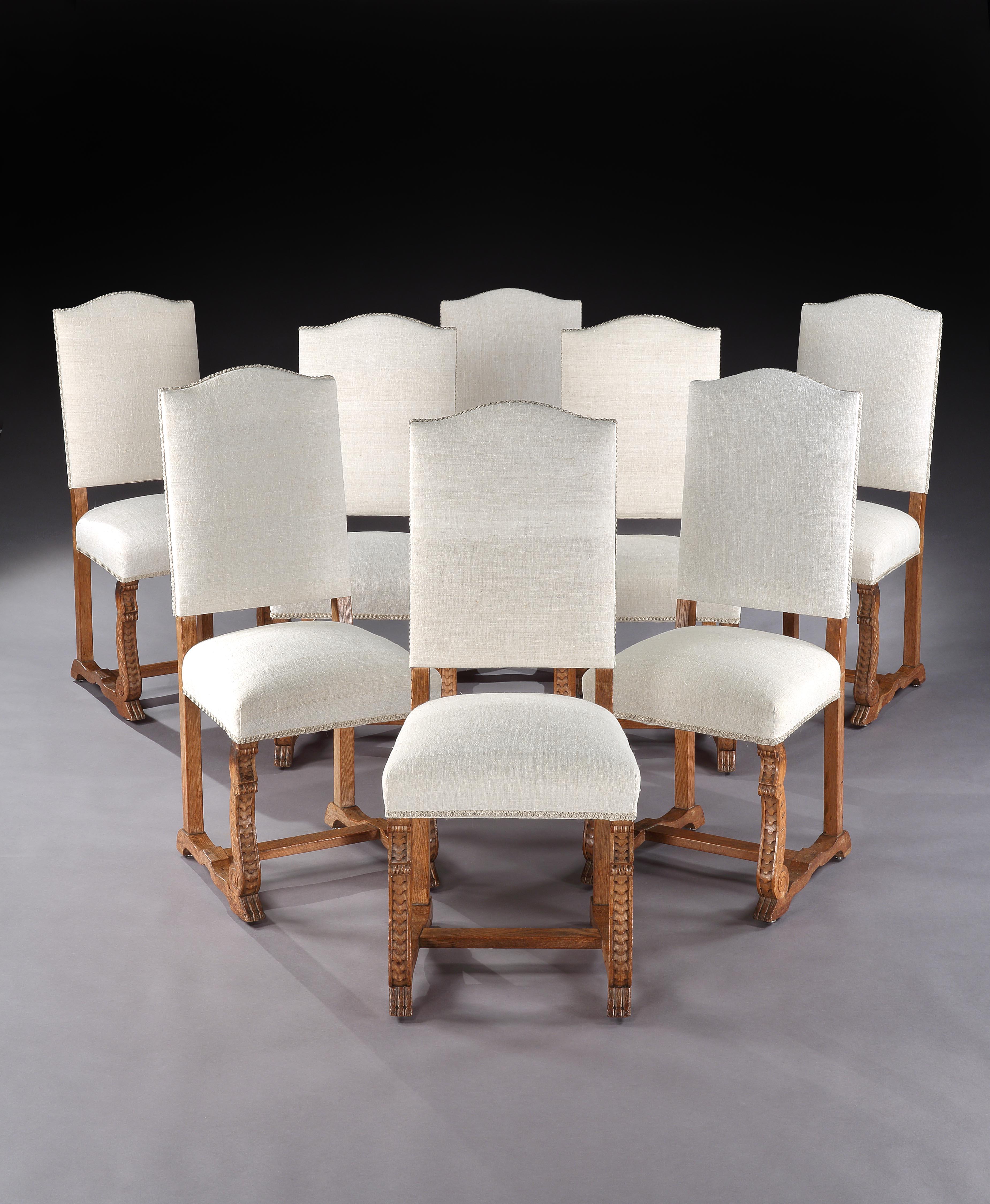 This characterful set of period chairs exude vernacular charm. The 19th century, linen upholstery gives them a fresh, classic appearance which works in period and contemporary interiors. They are sturdy and suitable for regular use. These chairs