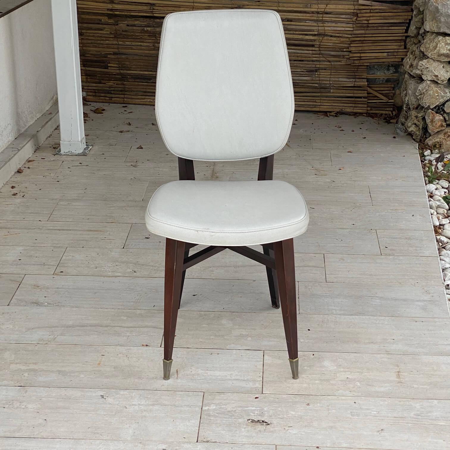 Mid-Century Modern Chair Vintage 1950 from France, in Grey Faux Leather, and Brown Wood