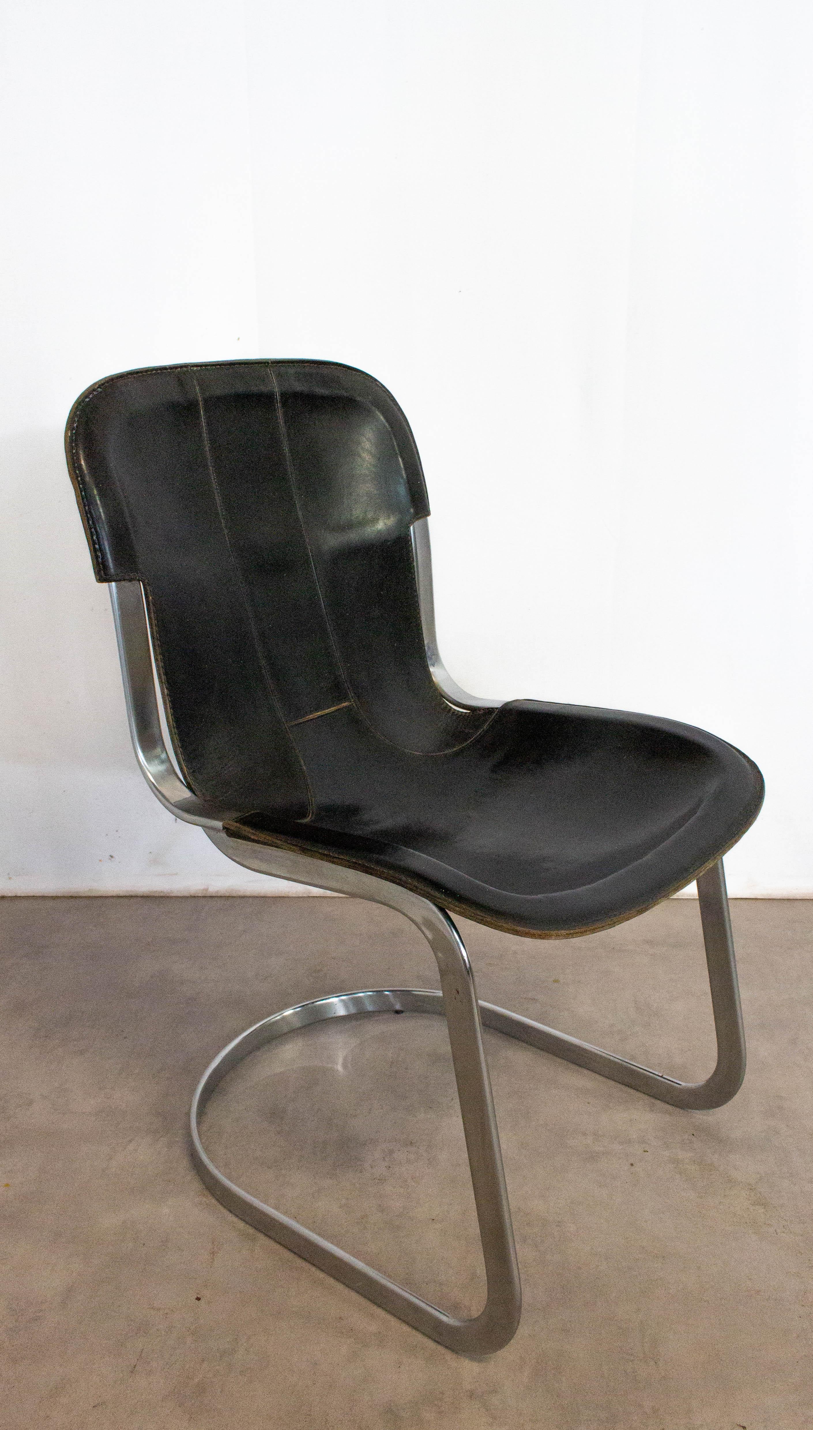 Italian Chair Willy Rizzo Black Leather Chrome N1, circa 1970