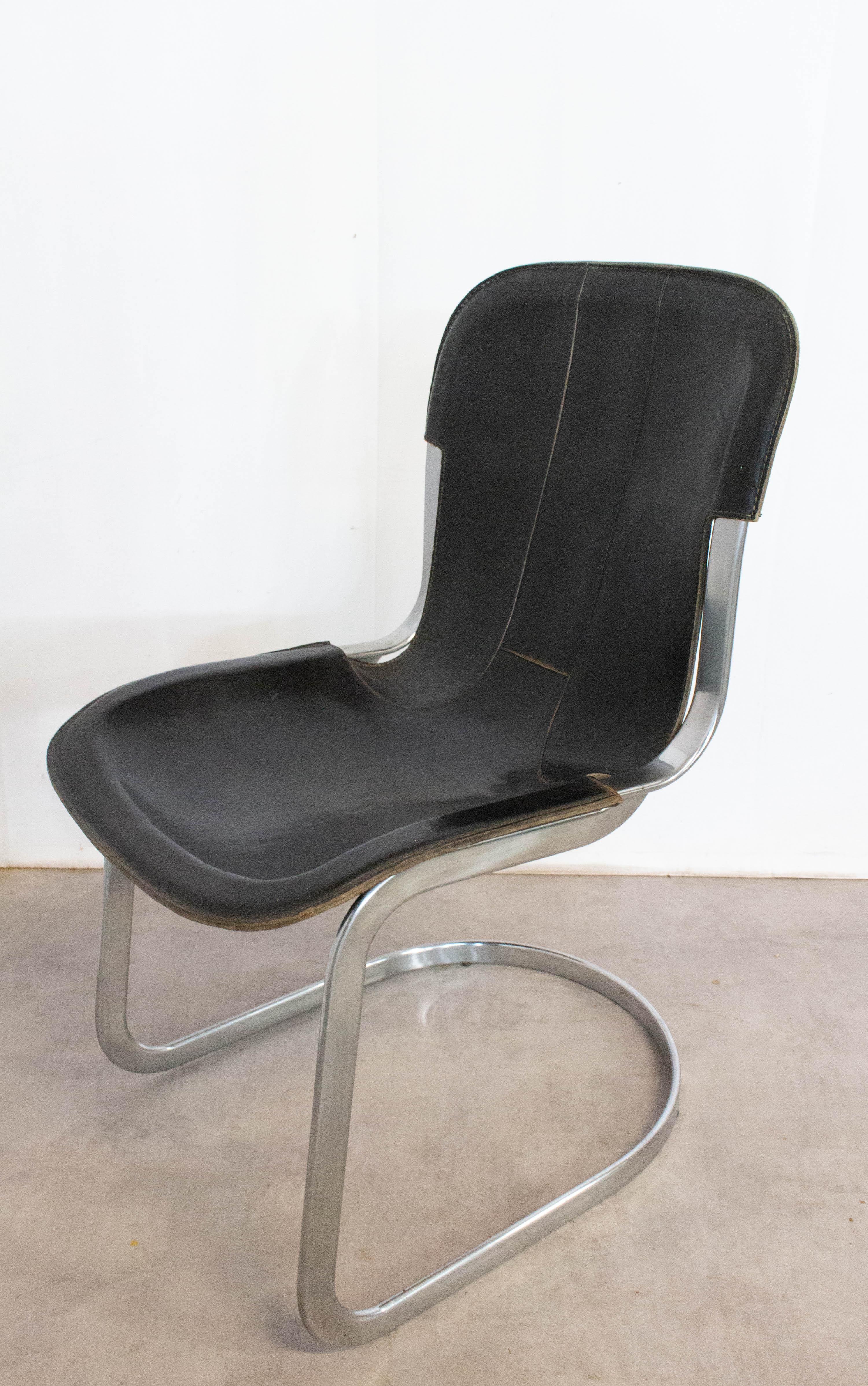 20th Century Chair Willy Rizzo Black Leather Chrome N1, circa 1970