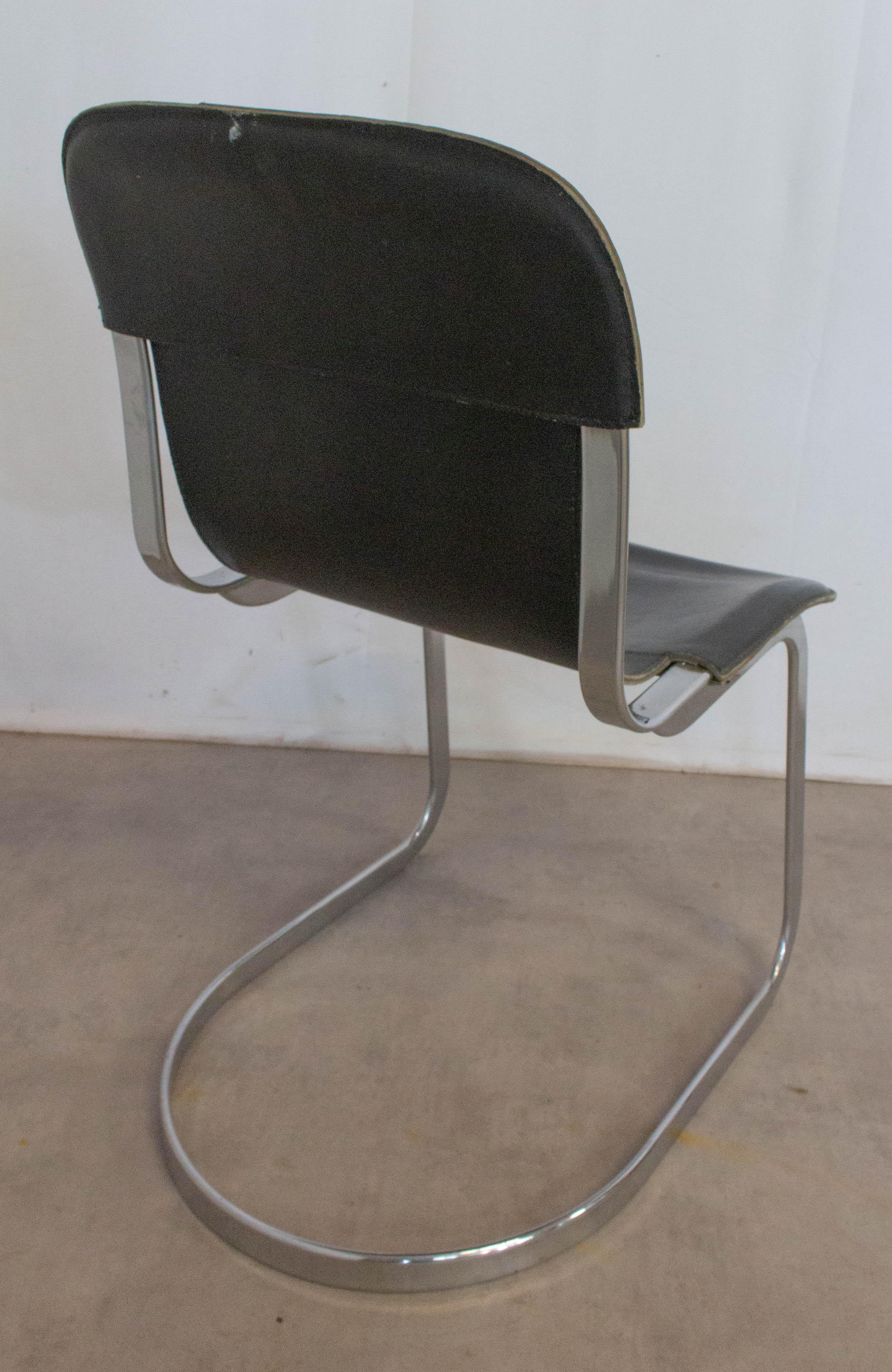 Italian Chair Willy Rizzo Black Leather Chrome N2, circa 1970