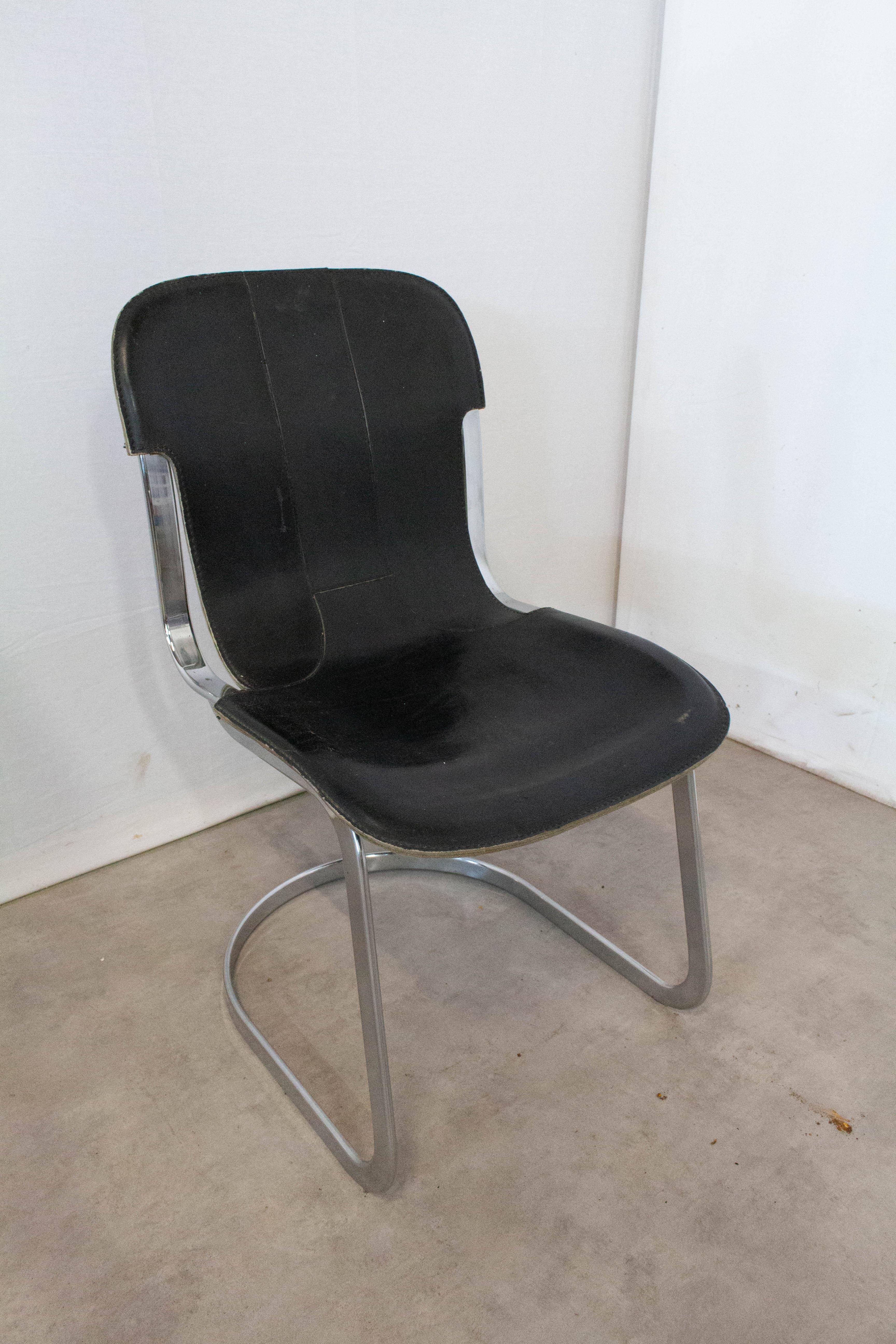 Chair Willy Rizzo Black Leather Chrome N2, circa 1970 In Good Condition In Labrit, Landes