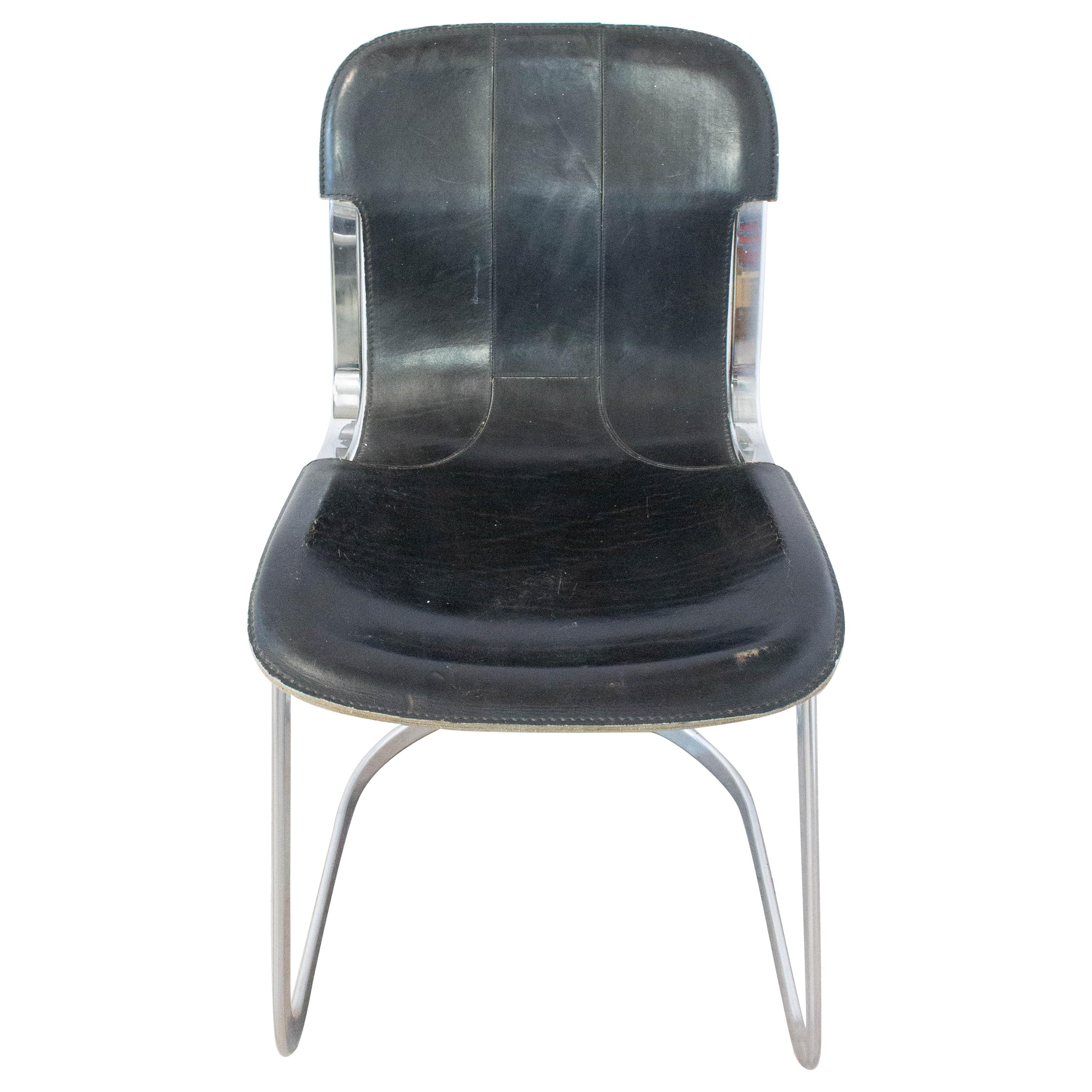 Chair Willy Rizzo Black Leather Chrome N2, circa 1970