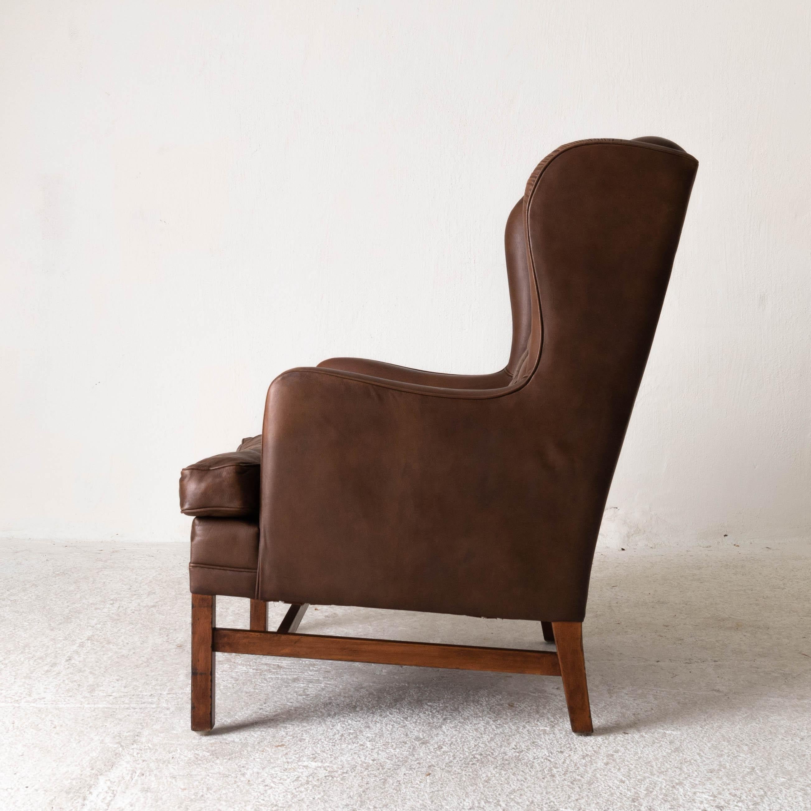 Mid-Century Modern Chair Wingback Swedish 20th Century Brown Tufted, Sweden For Sale
