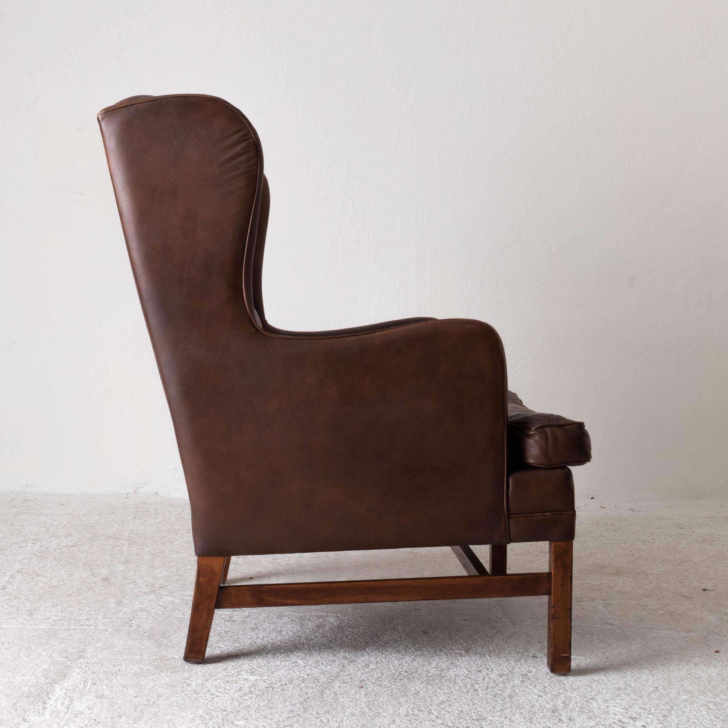 Wood Chair Wingback Swedish 20th Century Brown Tufted, Sweden For Sale