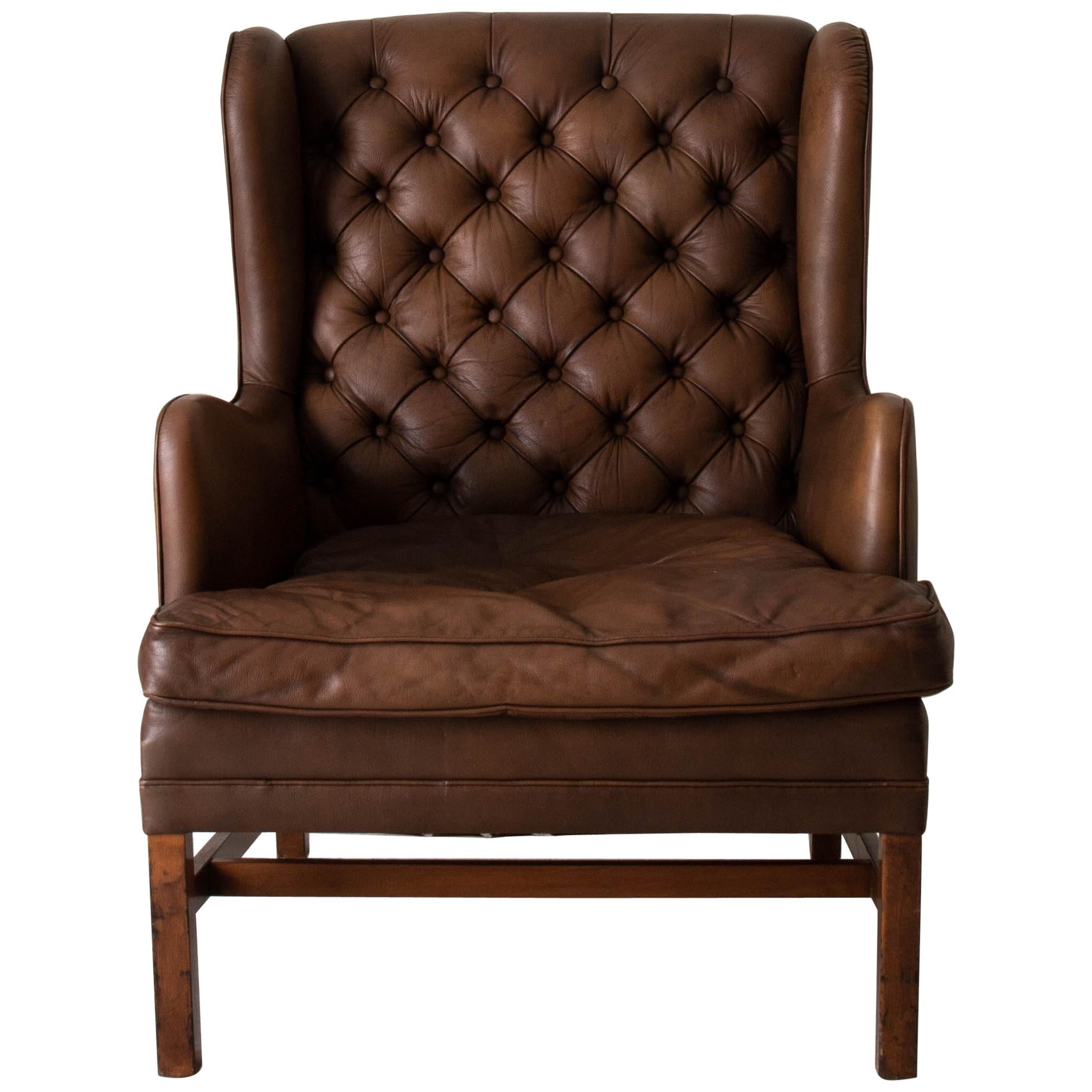 Chair Wingback Swedish 20th Century Brown Tufted, Sweden For Sale