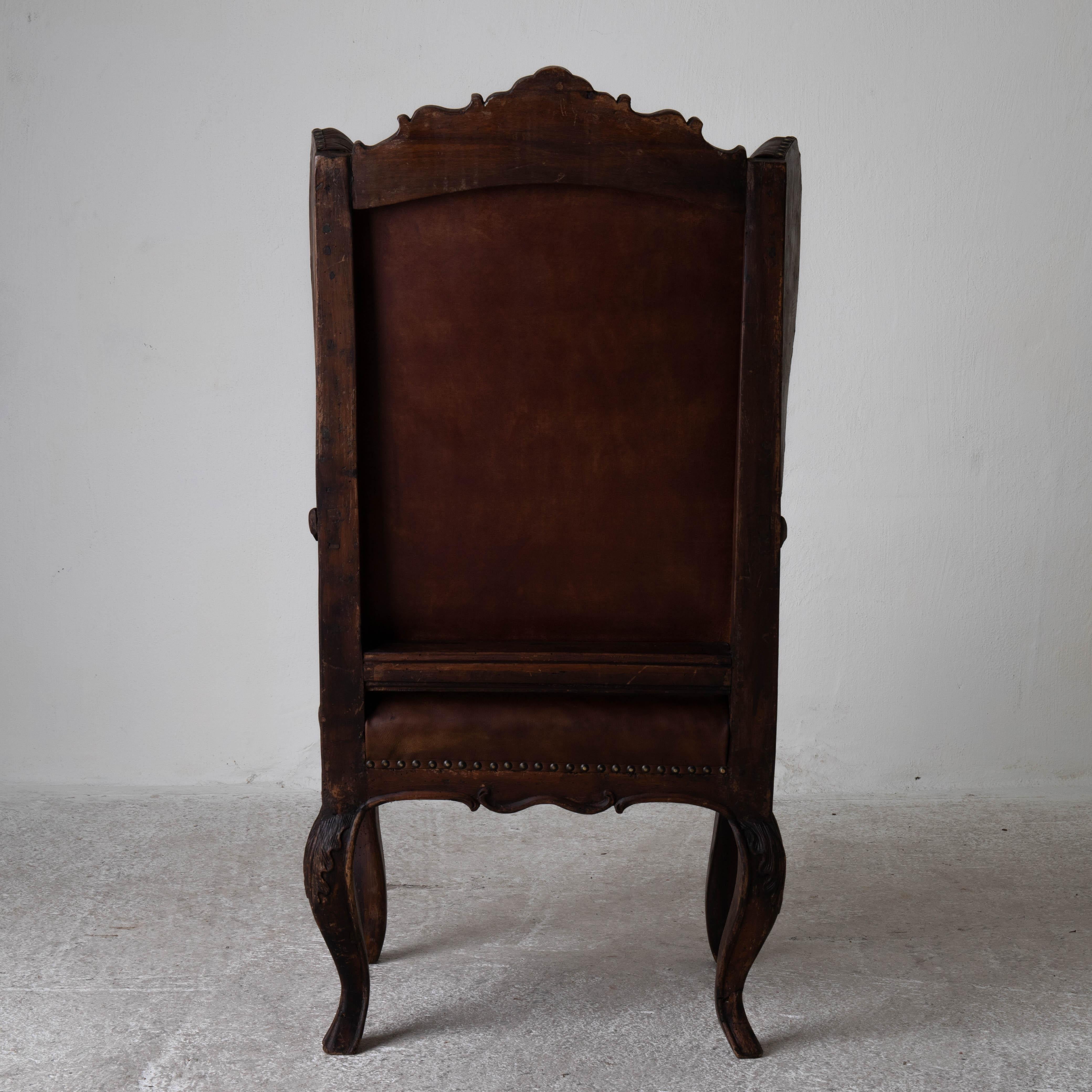 European Chair Wingback Swedish Rococo Period 1750-1775 Brown Leather Sweden For Sale