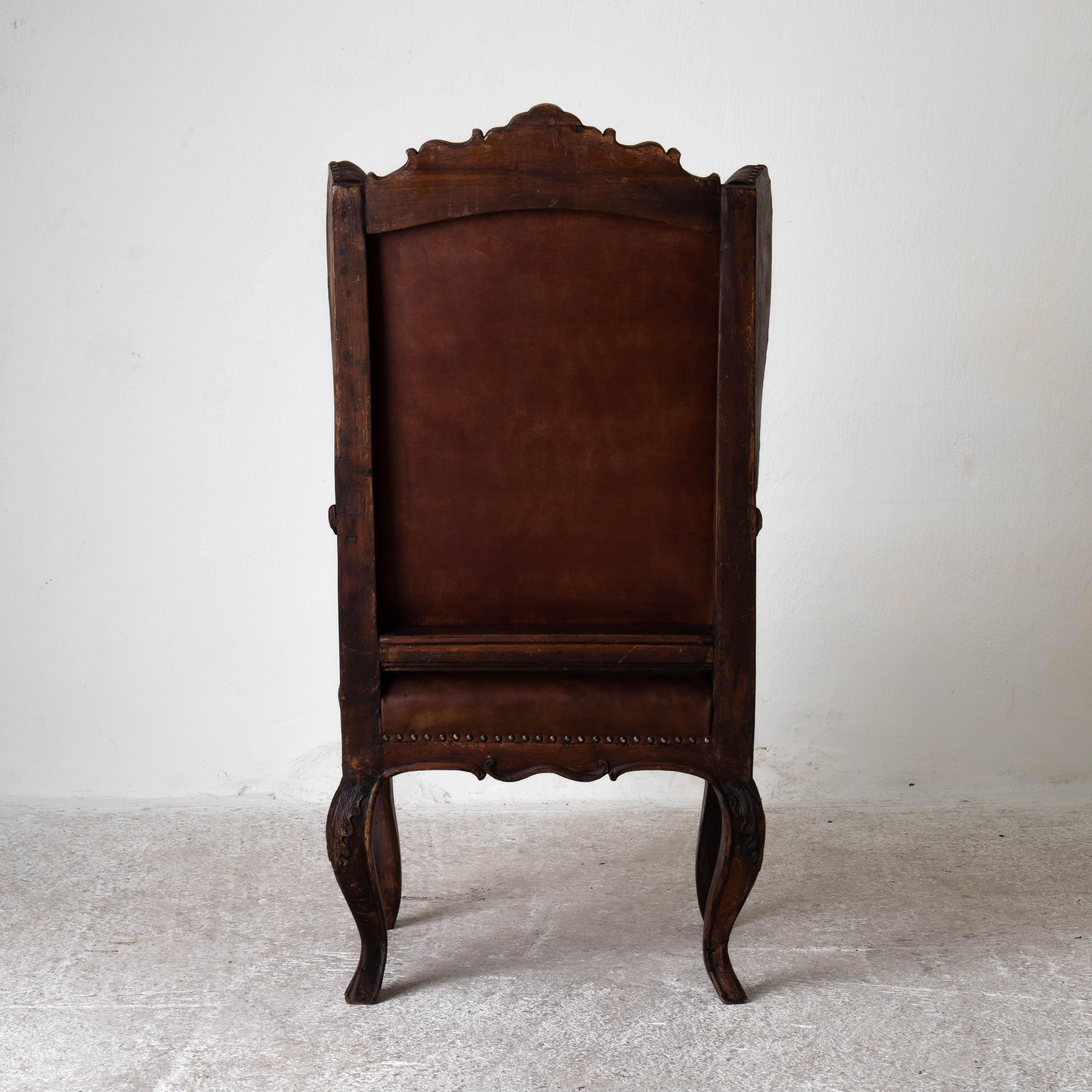 Chair Wingback Swedish Rococo Period 1750-1775 Brown Leather Sweden In Good Condition For Sale In New York, NY