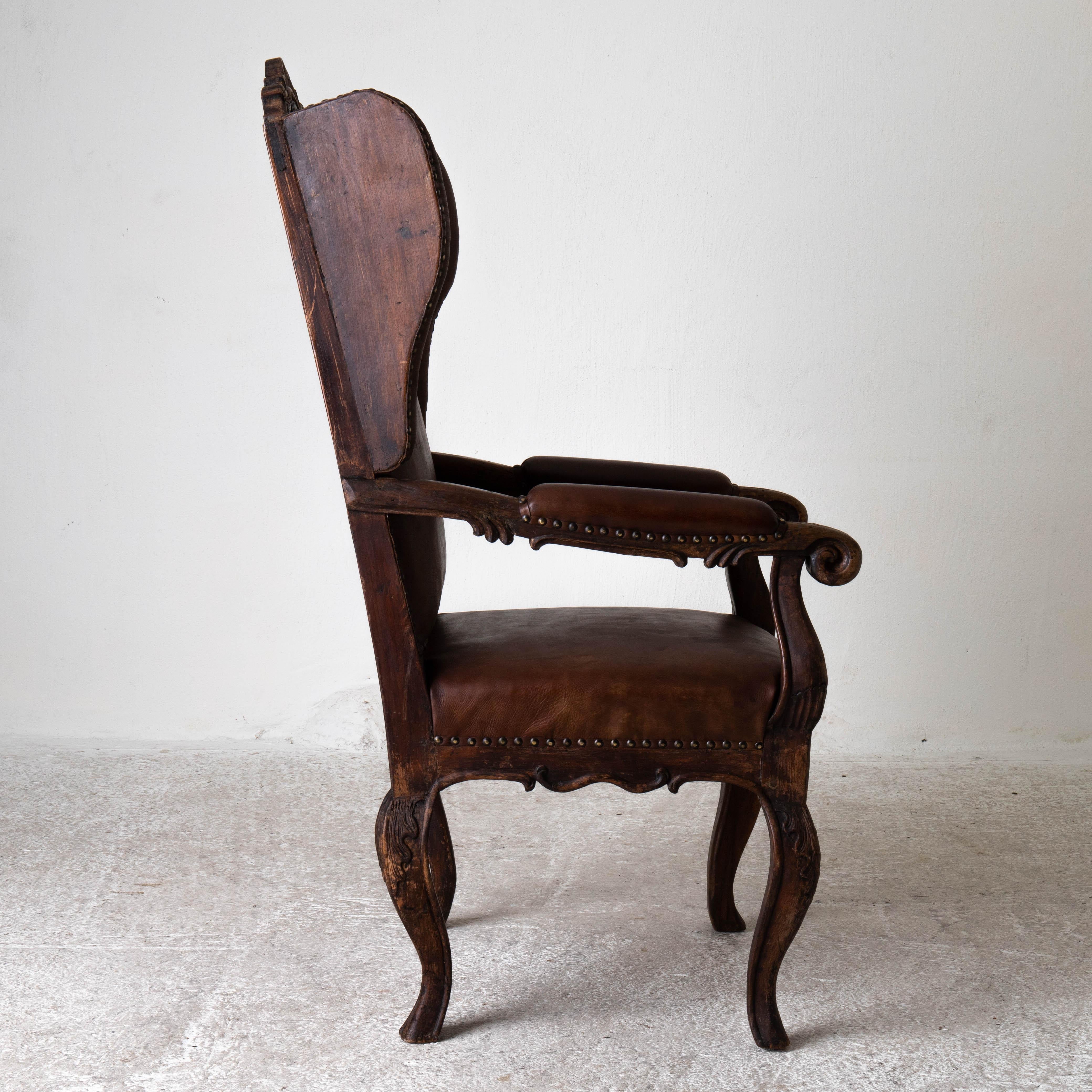 18th Century Chair Wingback Swedish Rococo Period 1750-1775 Brown Leather Sweden For Sale