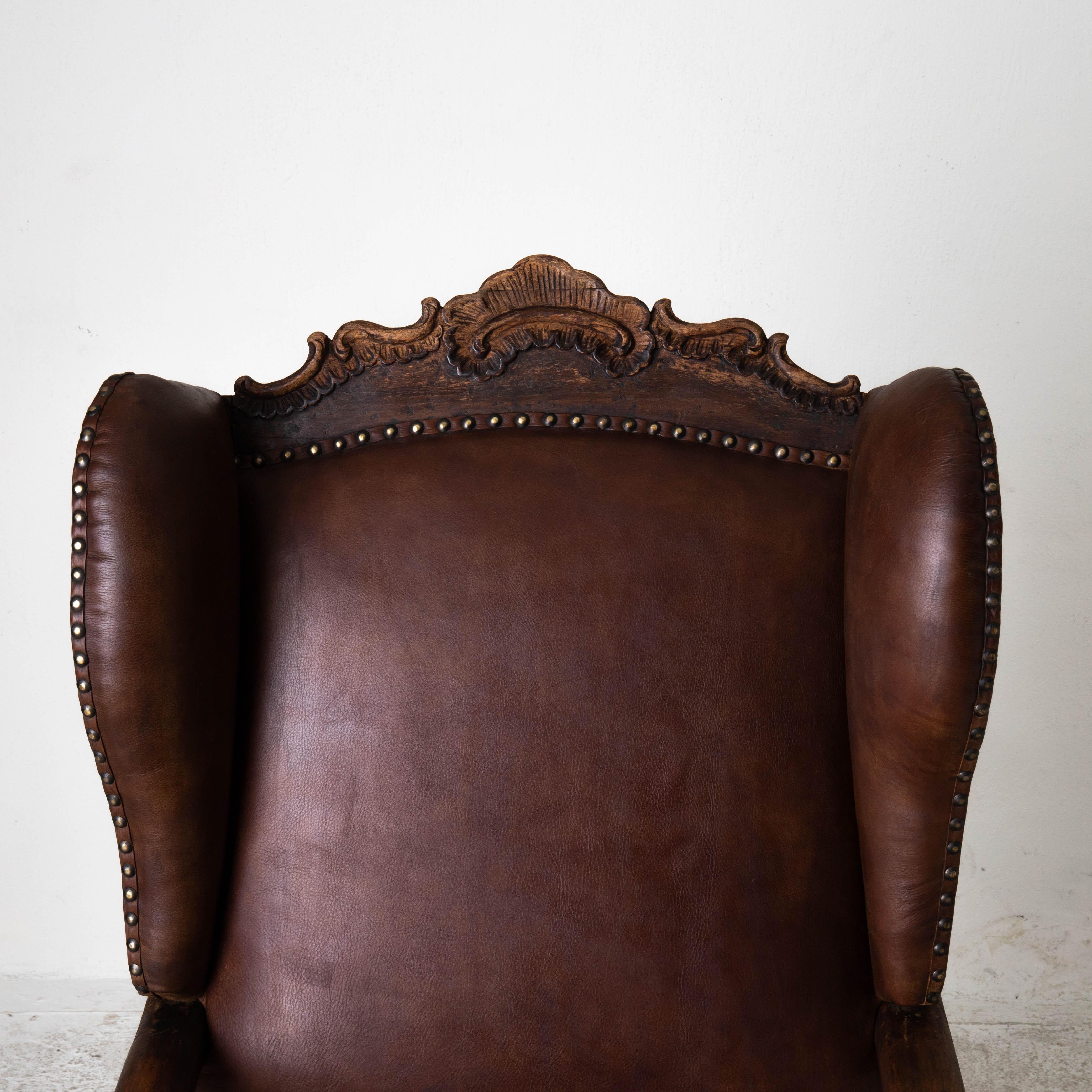 Chair Wingback Swedish Rococo Period 1750-1775 Brown Leather Sweden For Sale 3