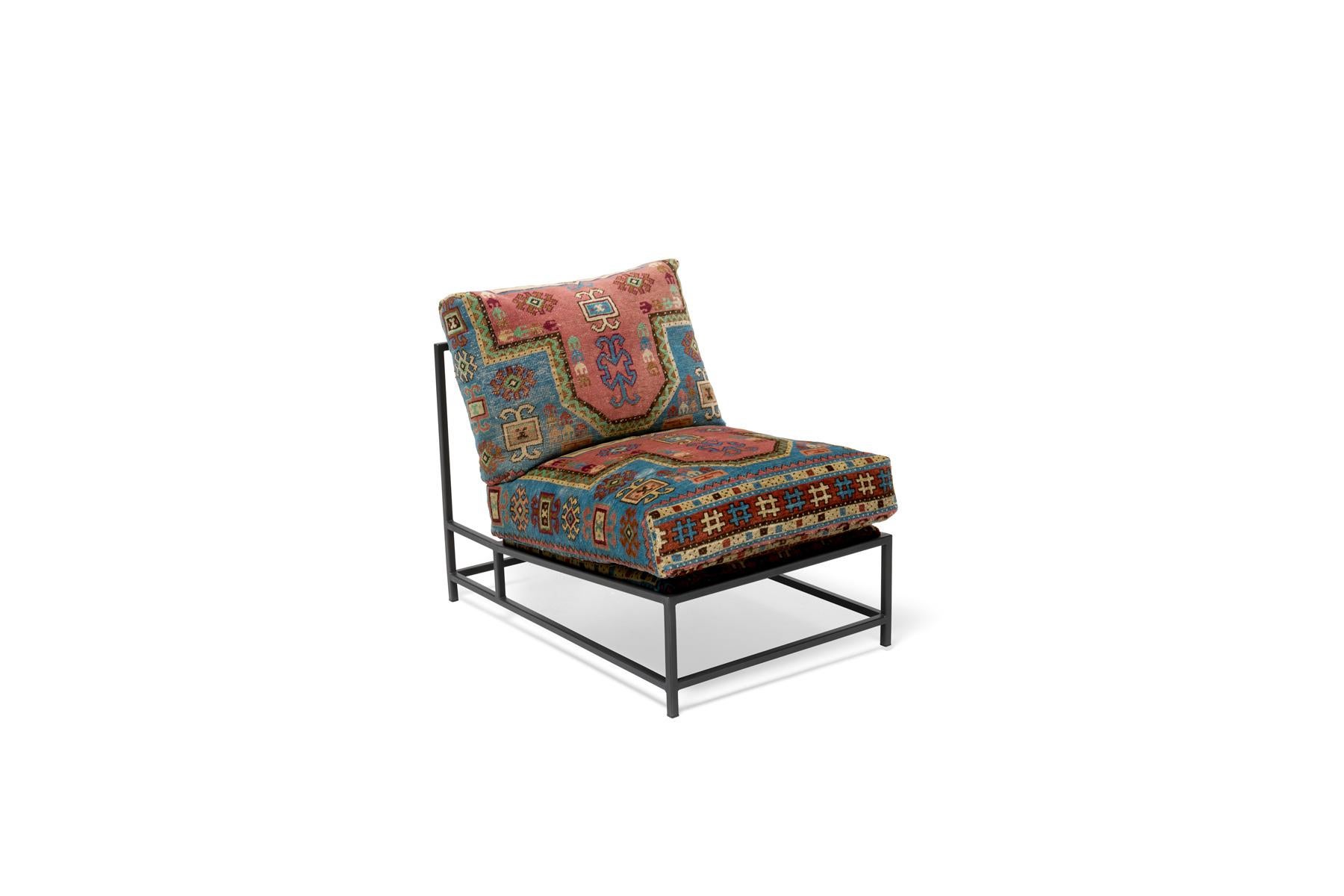 Blackened Chair with Antique Rug Upholstery For Sale