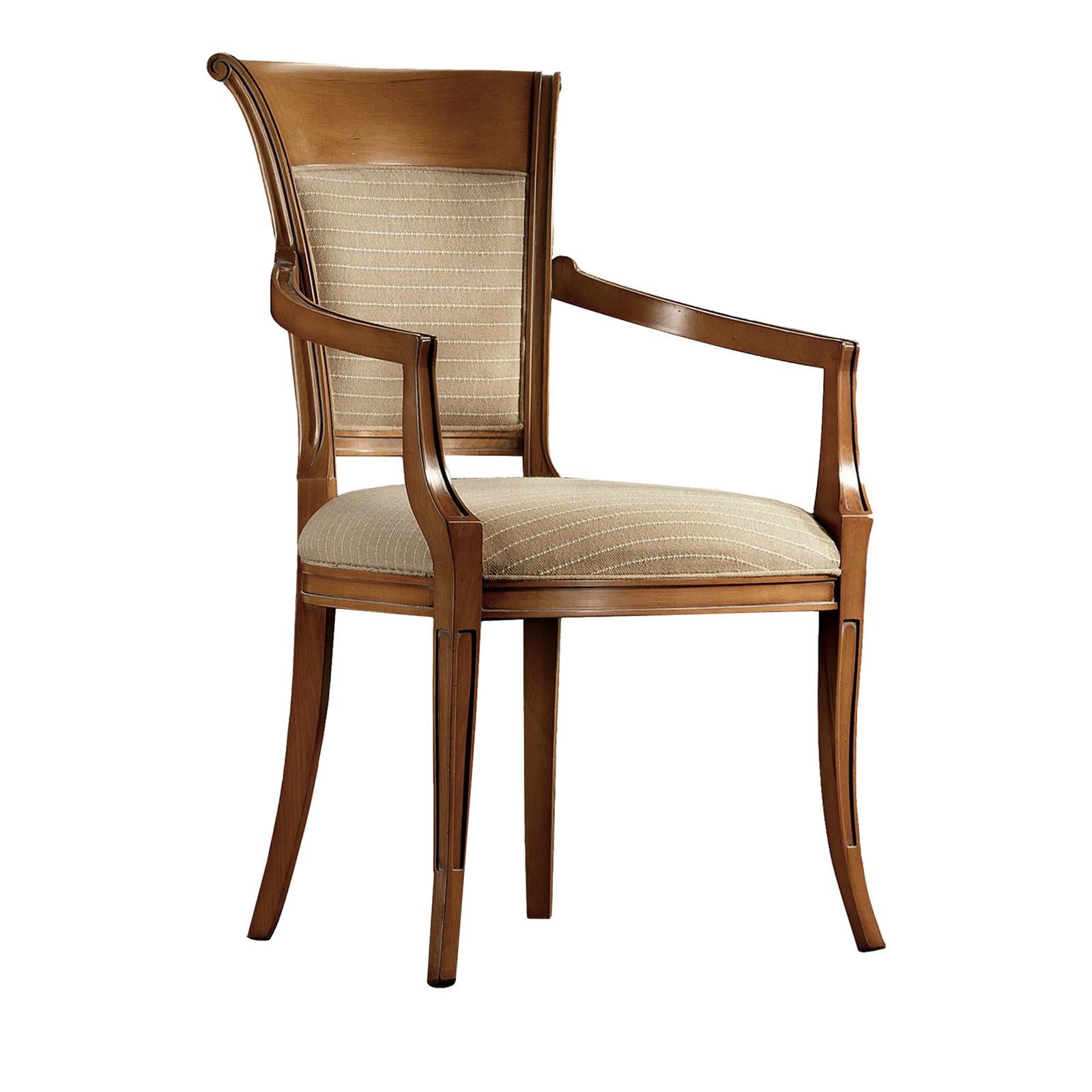 Ethereal and versatile, this rustic-inspired chair boasts 18th century aesthetic balance and charm. Entirely made of wood with a natural finish, this chair is distinguished for its Classic lines and tapered Silhouette. The armrests, curved and