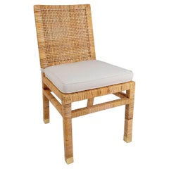 Chair with Mahogany Frame Covered in Rattan and Brass on Legs