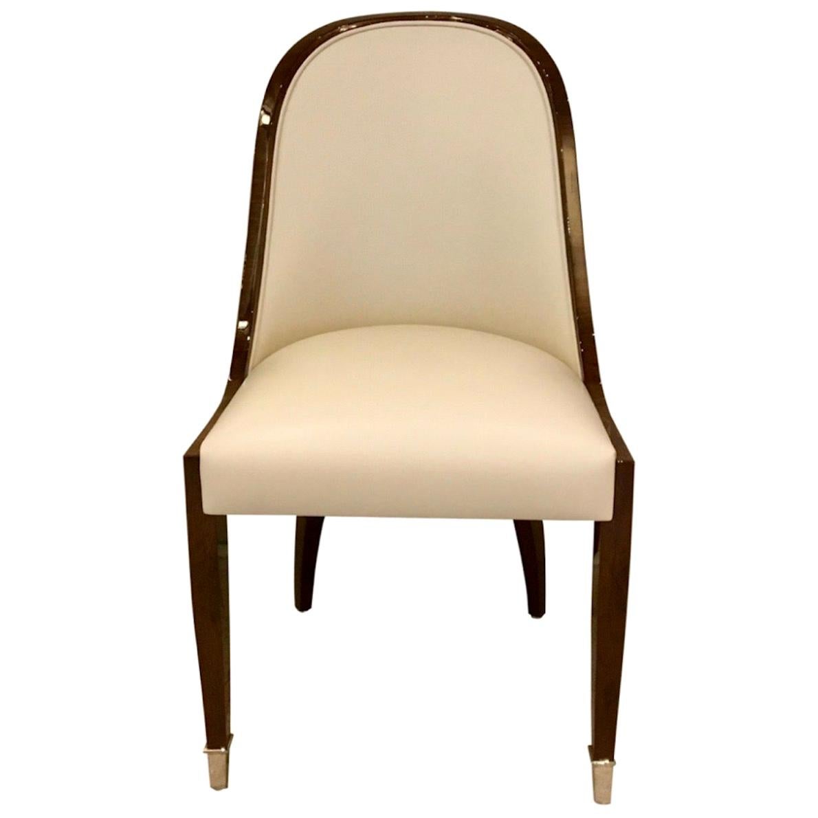 Chair with Wide Curved Backrest in Art Deco Style with Leather and Wood For Sale