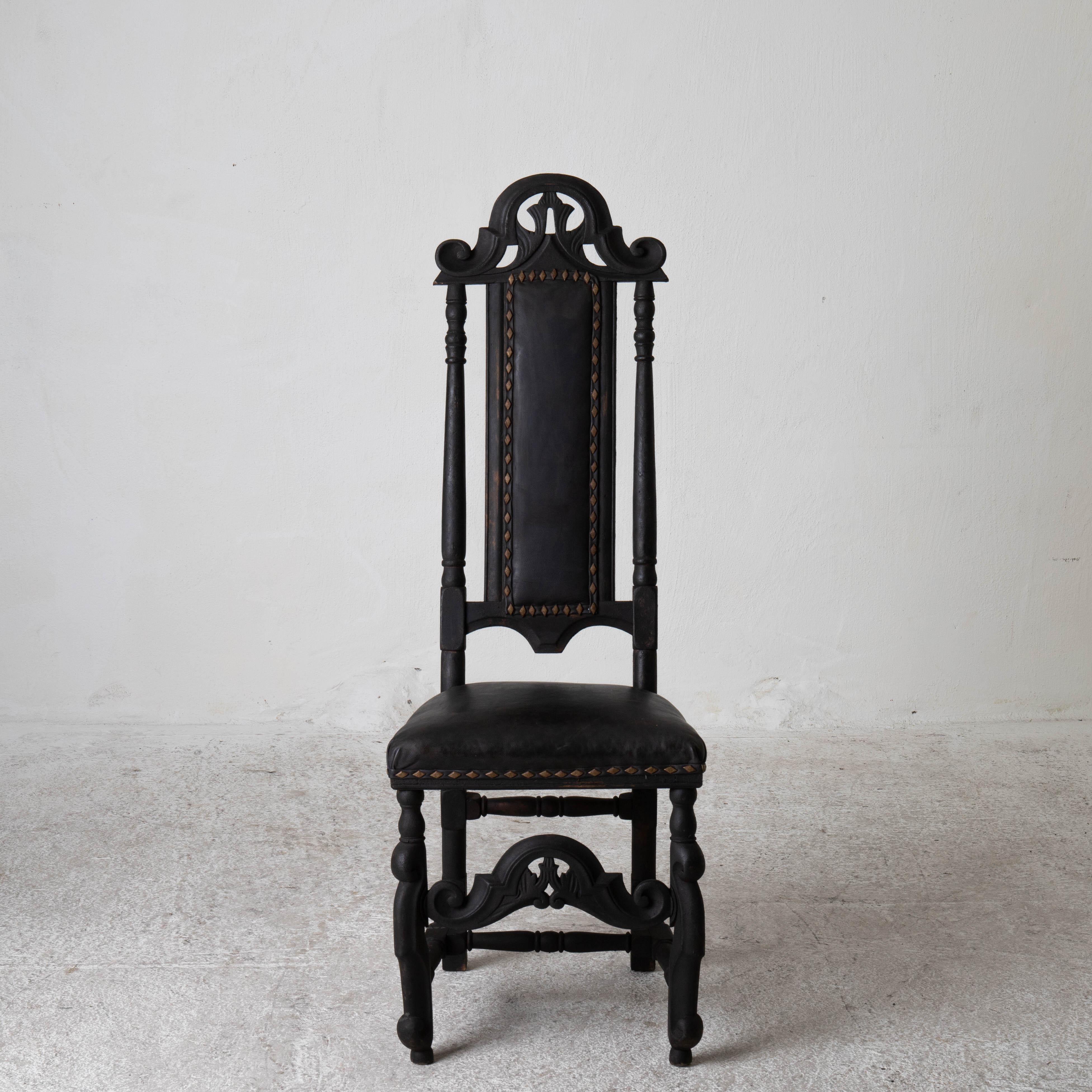 Chairs Assembled Baroque Style Set of 10 Dining Chairs Black Sweden. An assembled set of 10 dining chairs in the baroque style made during the 18-19th Century. Refinished in our Laserow Black with diagonal shaped nail heads.