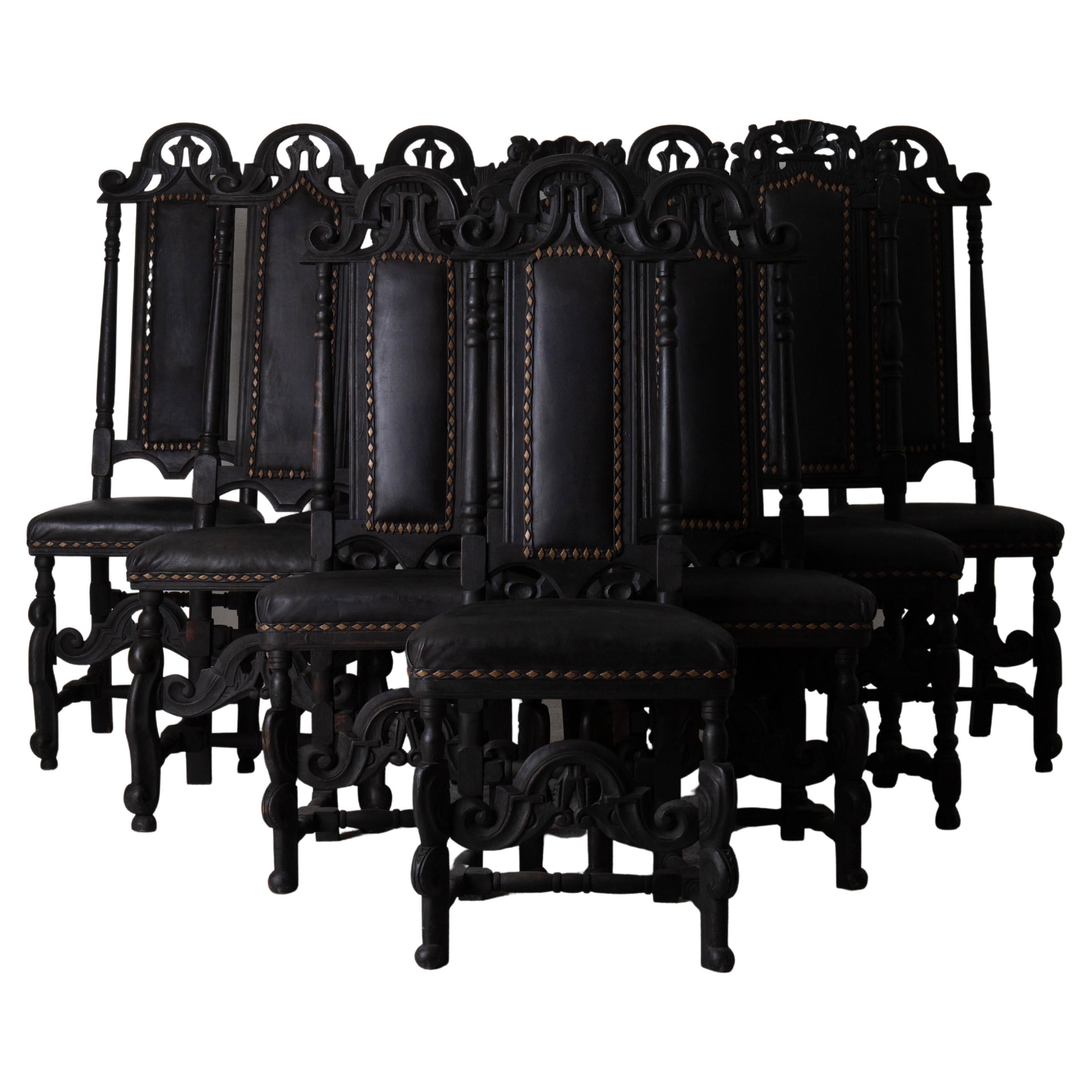 Chairs Assembled Baroque Style Set of 10 Dining Chairs Black Sweden For Sale
