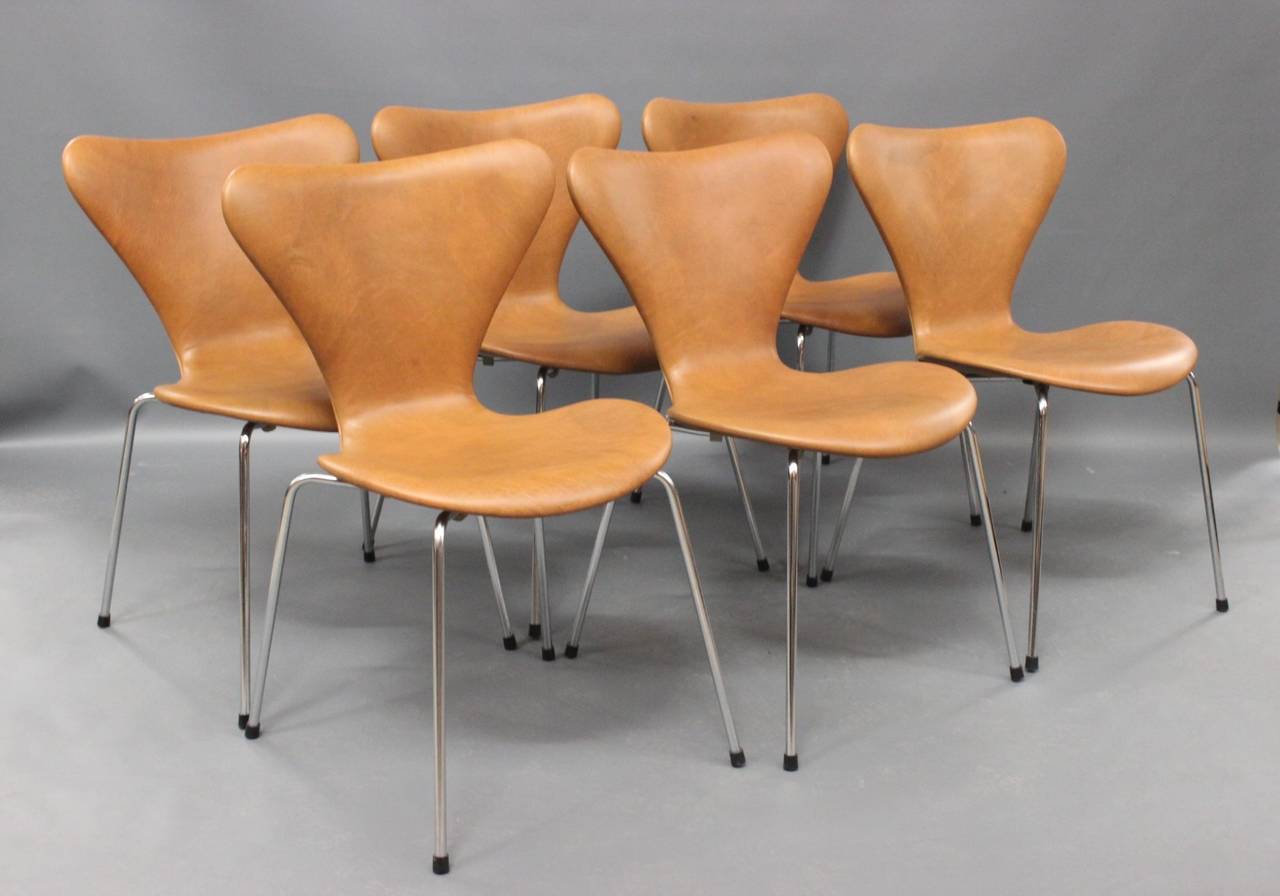 Exquisiter Satz von 6 Stühlen des Modells 3107 von Arne Jacobsen, sorgfältig neu gestaltet mit einem Hauch von Charakter und Charme durch patinierte cognacfarbene Lederpolsterung.

Diese ikonischen Stühle, die dem visionären Geist von Arne Jacobsen