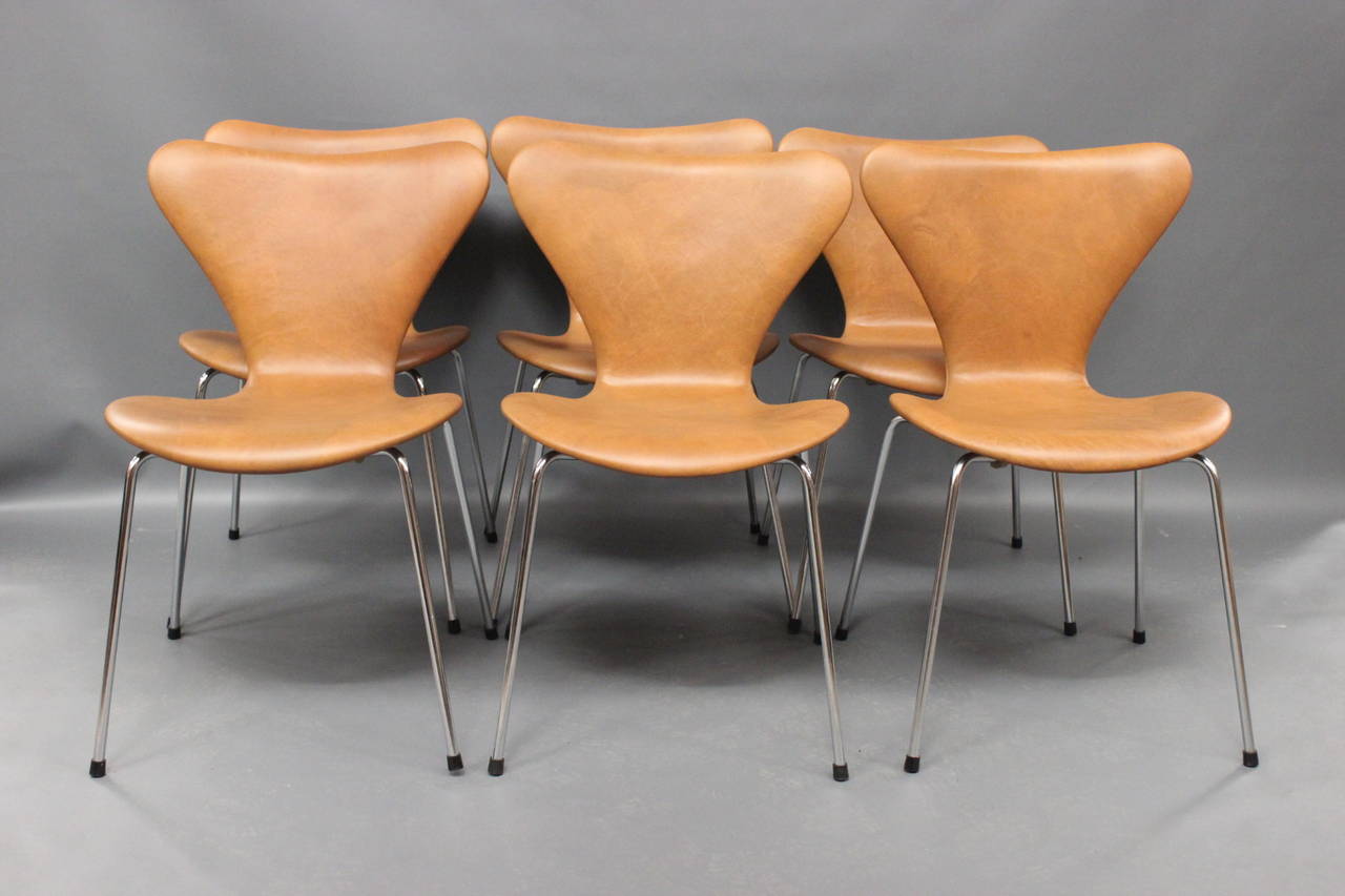 Stühle von Arne Jacobsen, Modell 3107 mit Leder, 1980 (Moderne der Mitte des Jahrhunderts) im Angebot