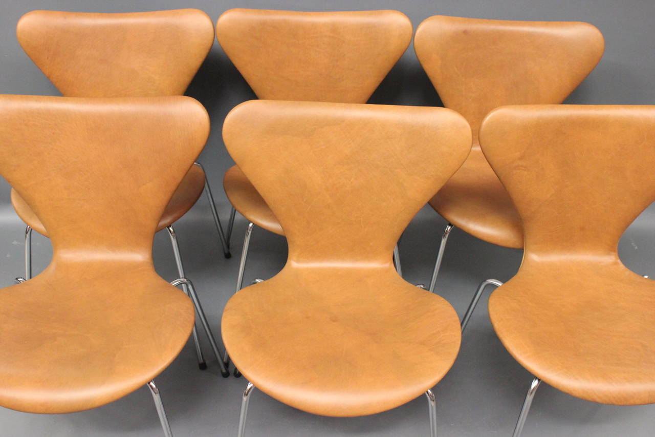 Scandinavian Modern Chairs by Arne Jacobsen Model 3107 with Leather, 1980
