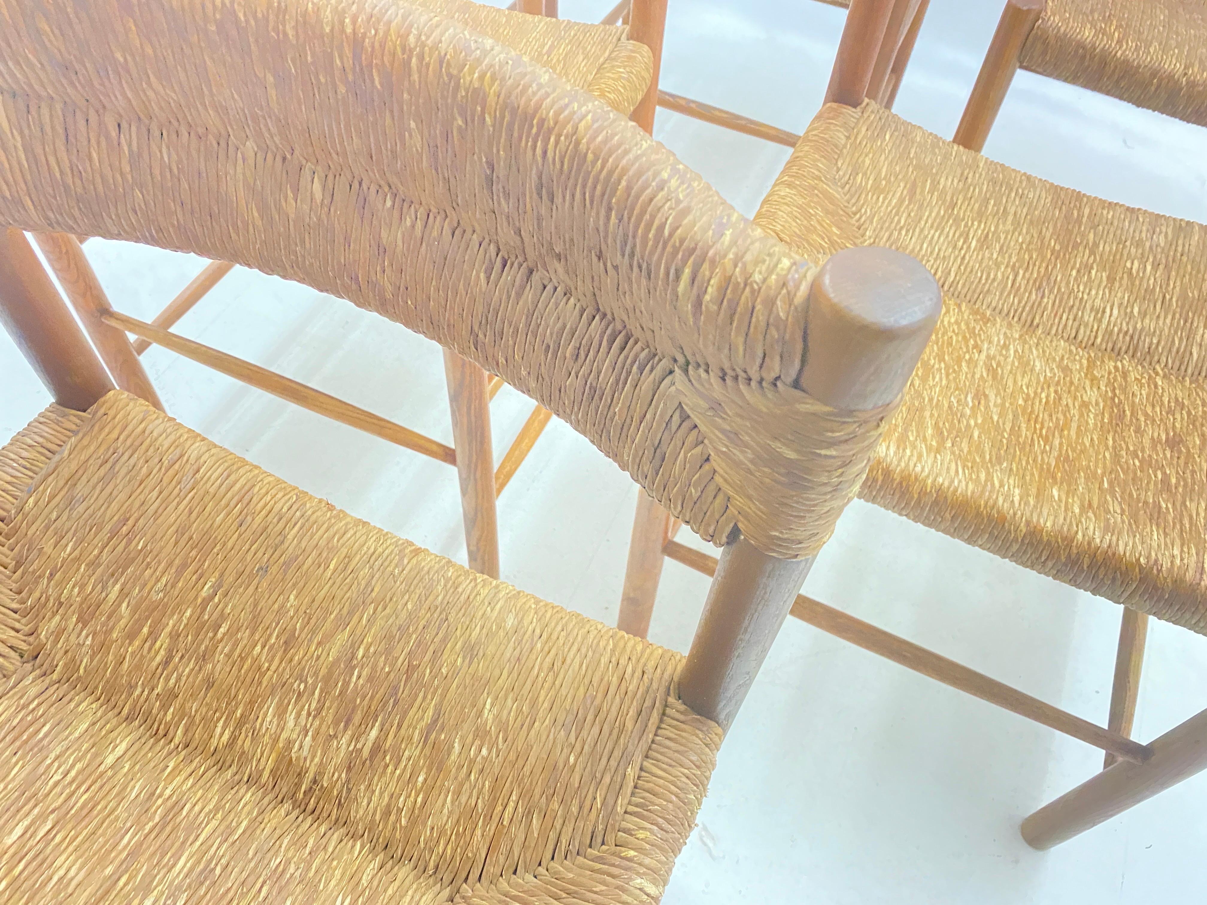 Straw Chairs by Charlotte Perriand Dordogne Model Robert Santou France Set of 6