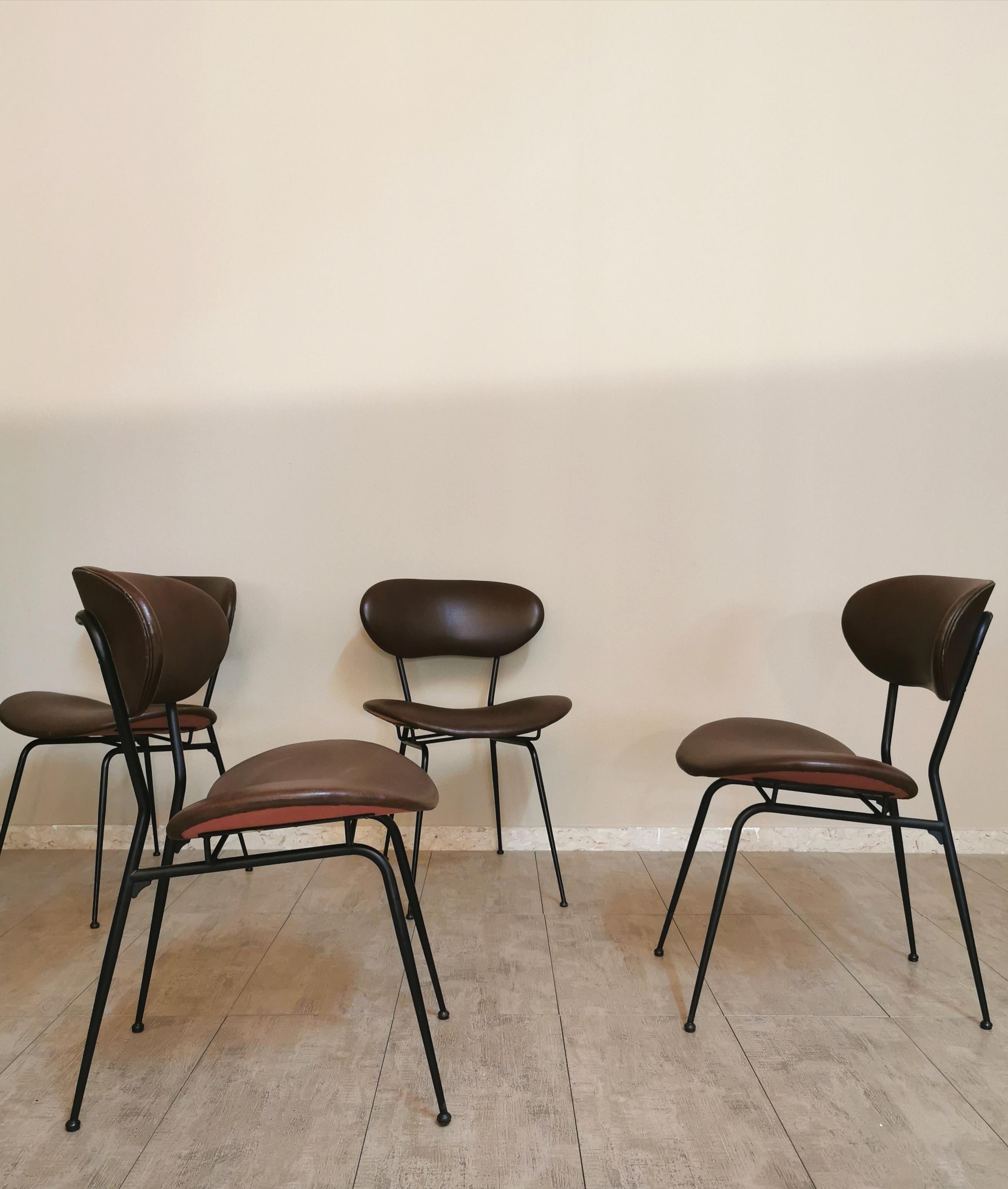 Italian Dining Room Chairs Gastone Rinaldi Leather Metal Mid Century 1950s Set of 6