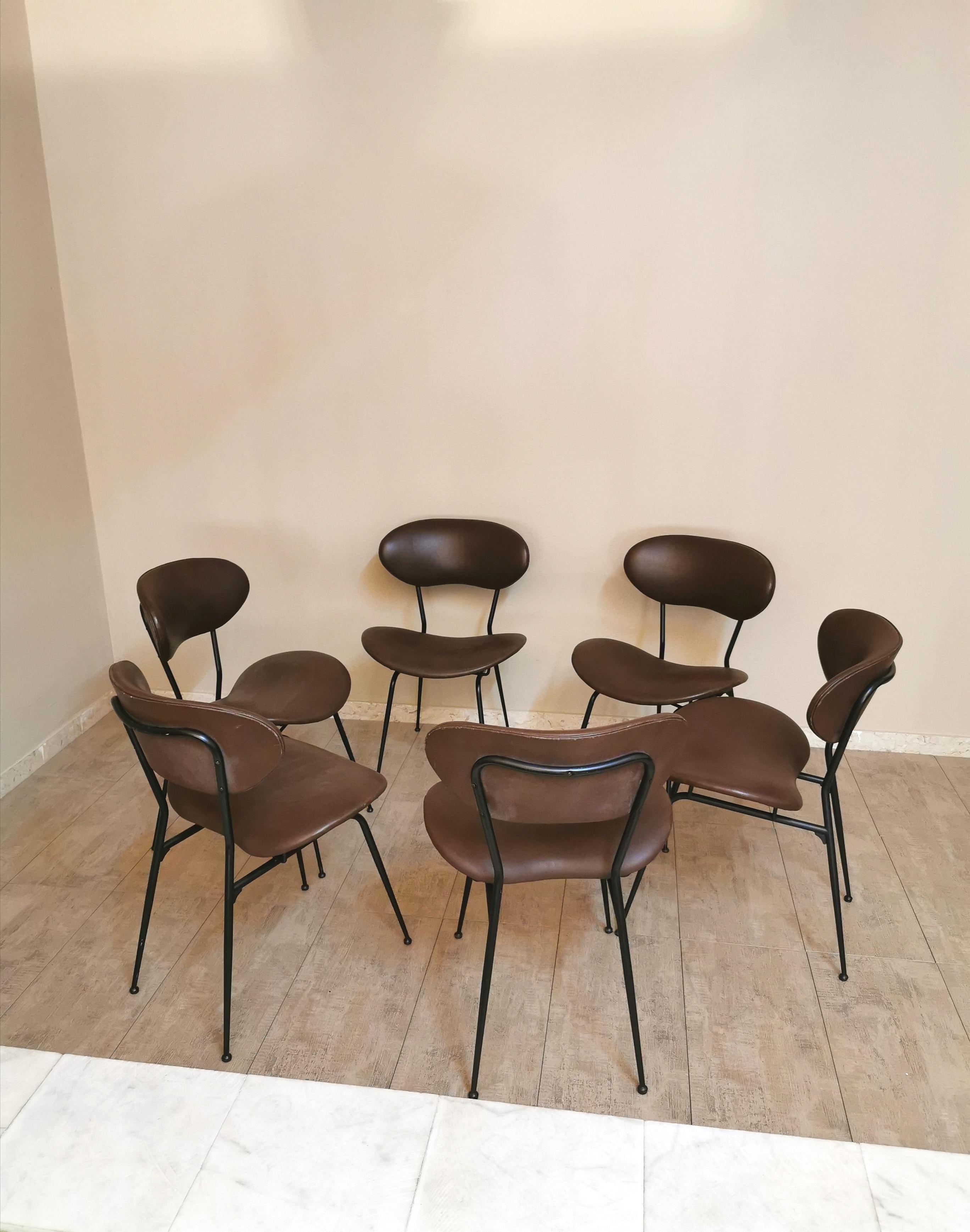 Enameled Dining Room Chairs Gastone Rinaldi Leather Metal Mid Century 1950s Set of 6
