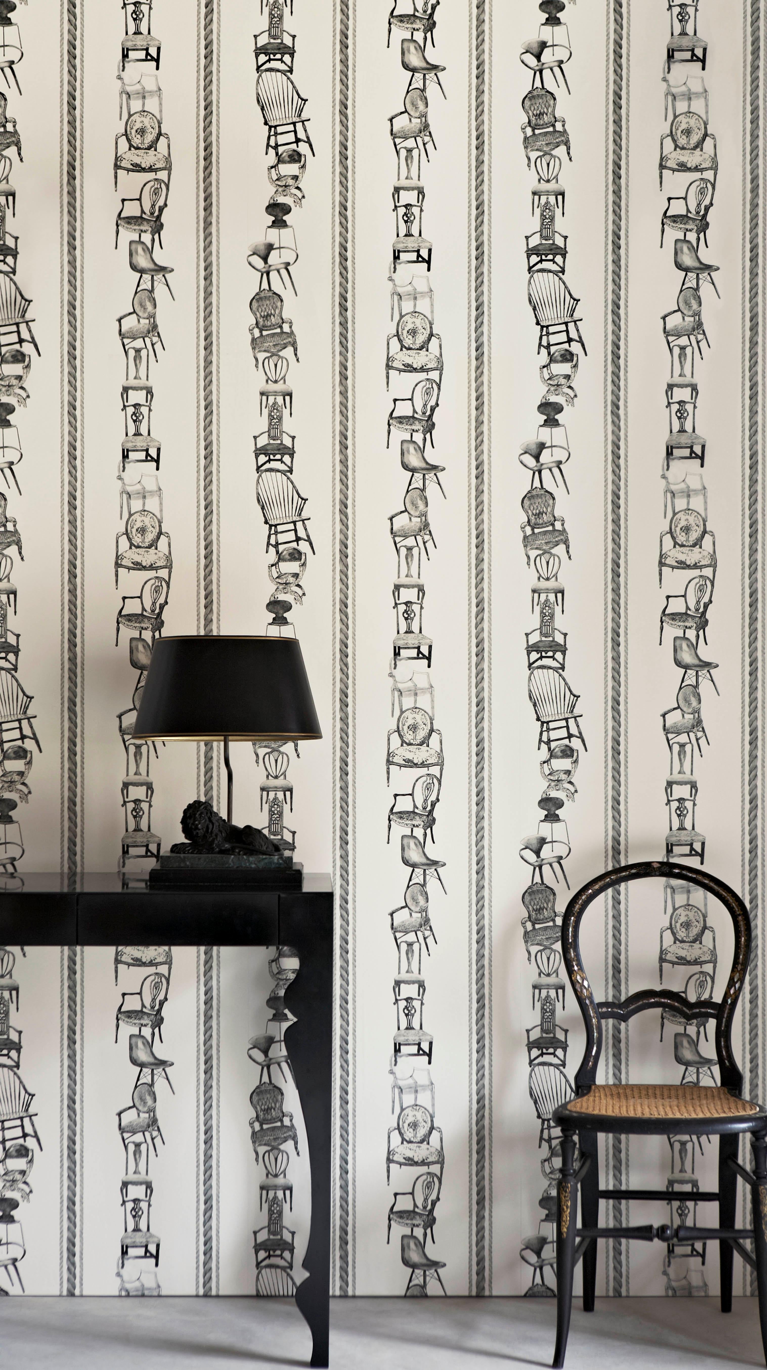 British 'Chairs' Contemporary, Traditional Wallpaper in Black on Parchment For Sale