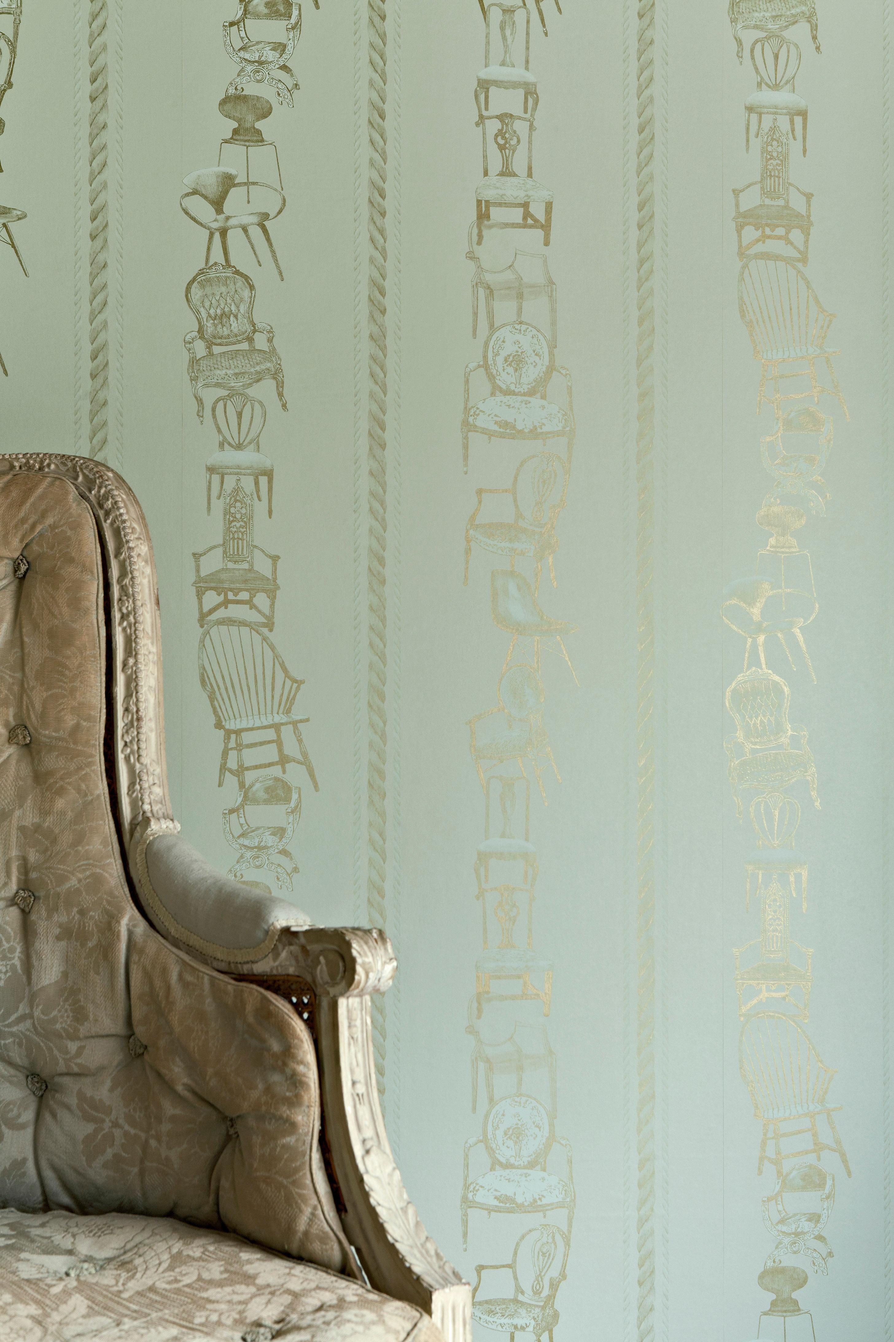 British 'Chairs' Contemporary, Traditional Wallpaper in Eau de Nil For Sale