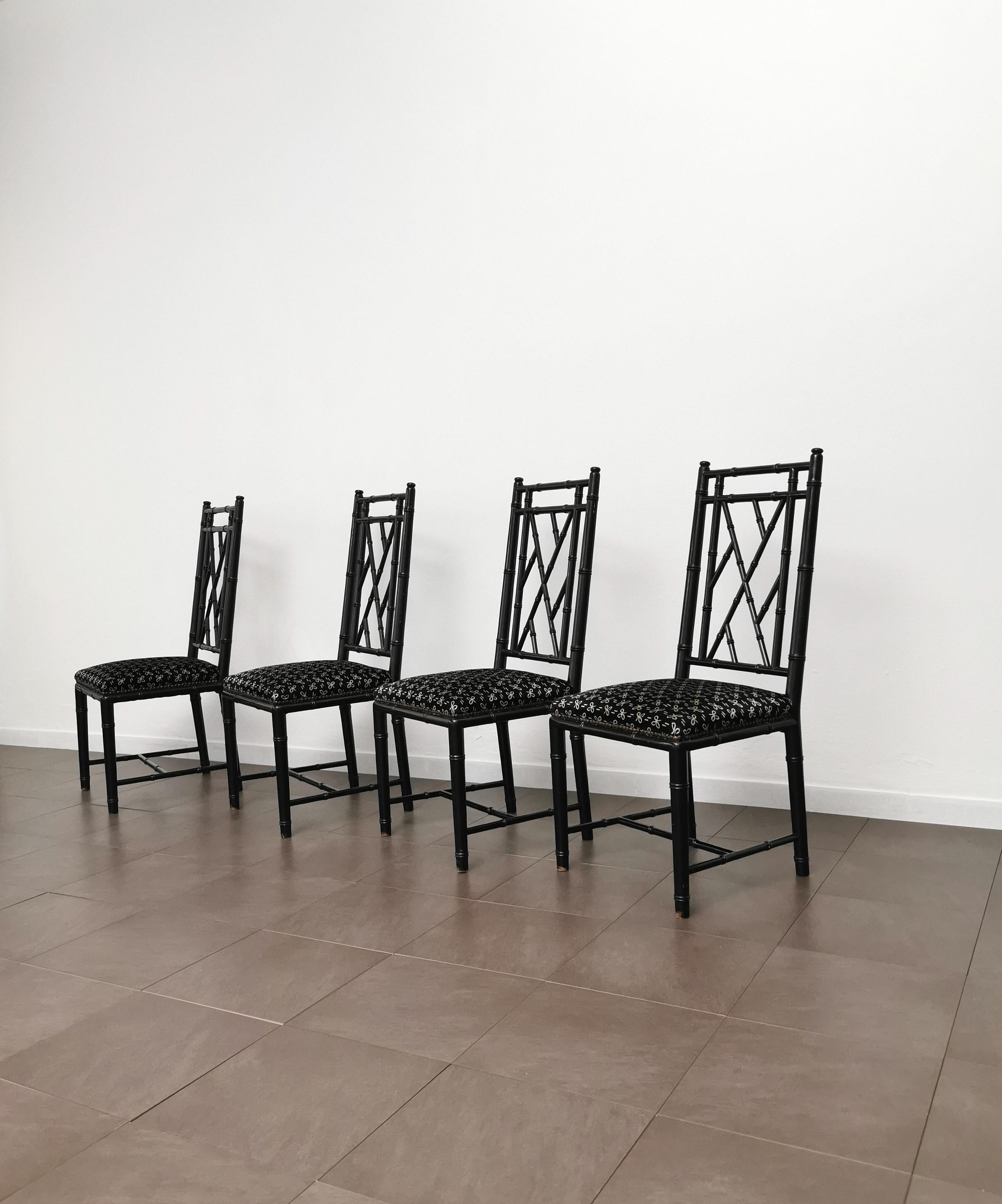 Late 20th Century Dining Chairs Wood Velvet Mid-Century Modern Italian Design 1980s Set of 4 For Sale