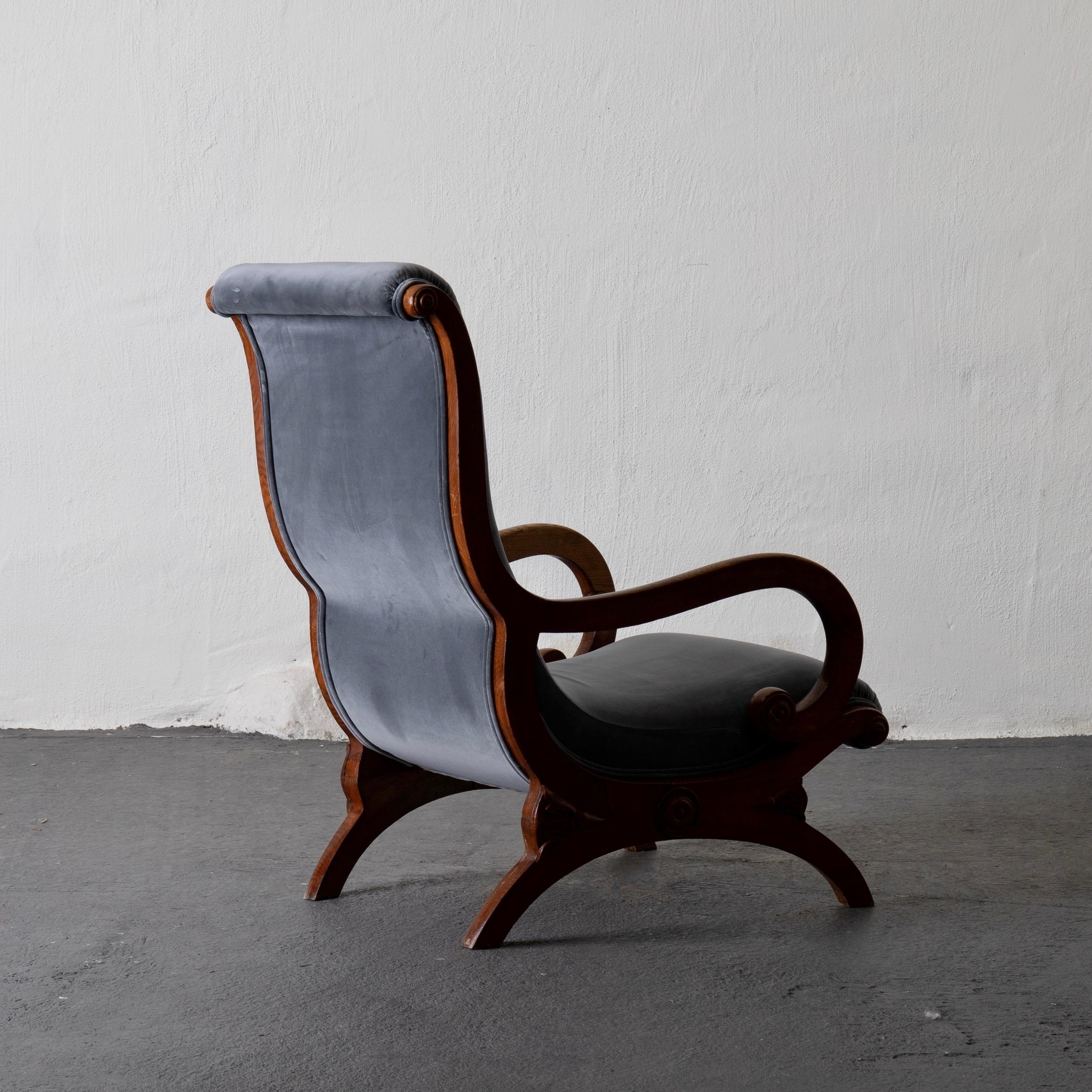 Chairs Easy Swedish Mahogany Gray Velvet 19th Century, Sweden 3