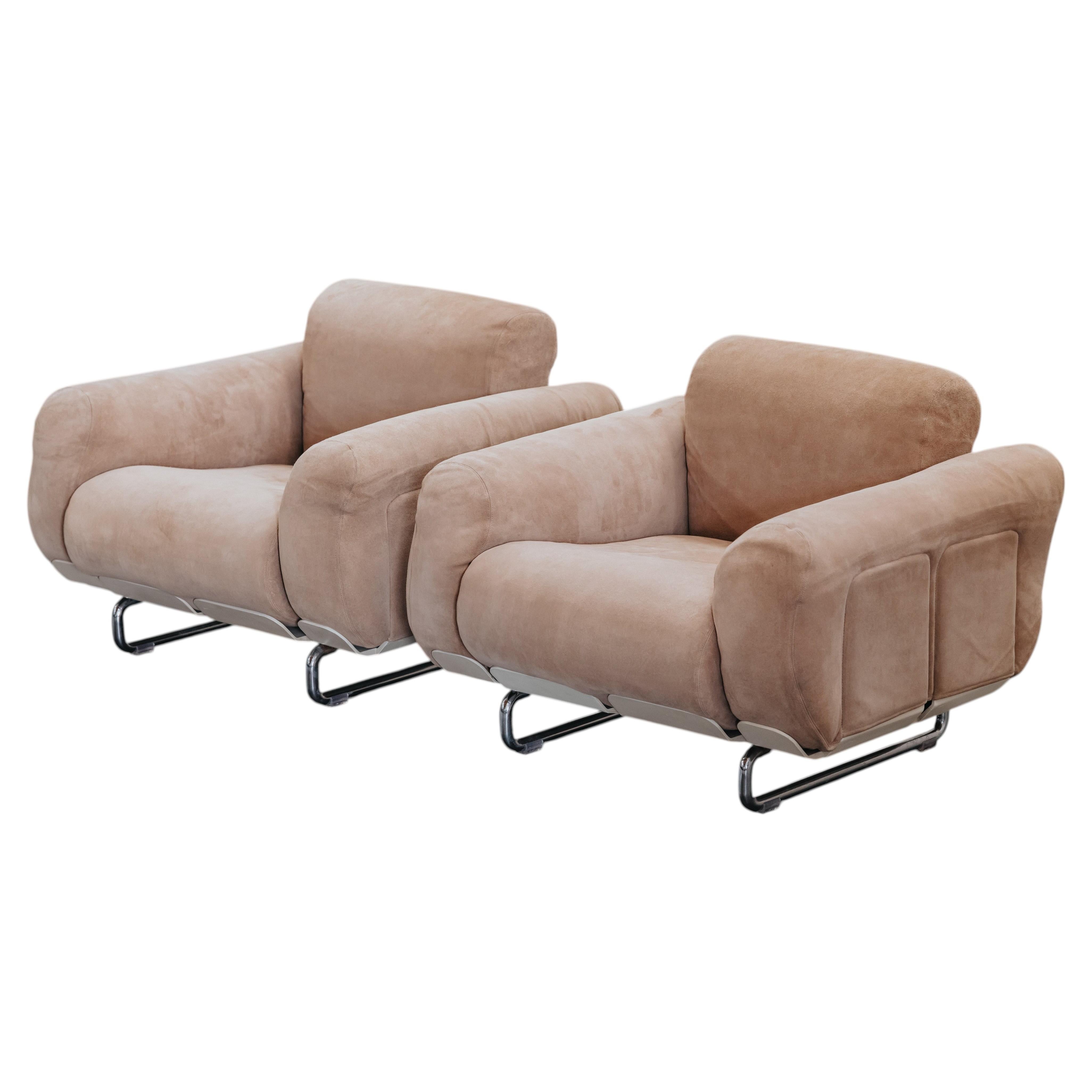 Vintage Pair Of Suede Senzafine Lounge Chairs By Eleonore Peduzzi Riva For Zanot