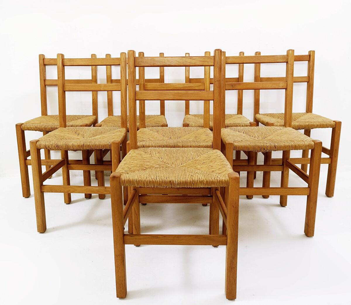 Chairs in Elm and straw seat 1950 set of 6.