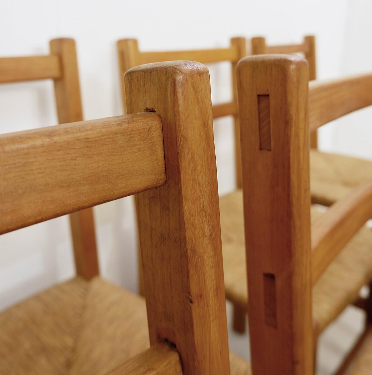 Mid-20th Century Chairs in Elm and Straw Seat 1950 Set of 6