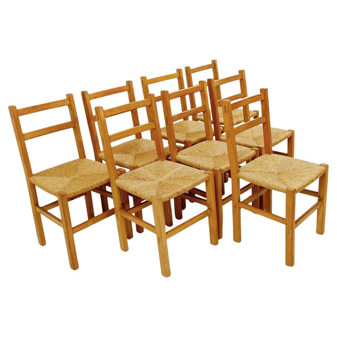 Chairs in Elm and Straw Seat 1950 Set of 6