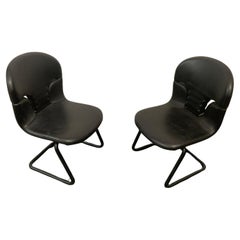 Chairs in Painted Metal and Leather, 1970s, Set of 2