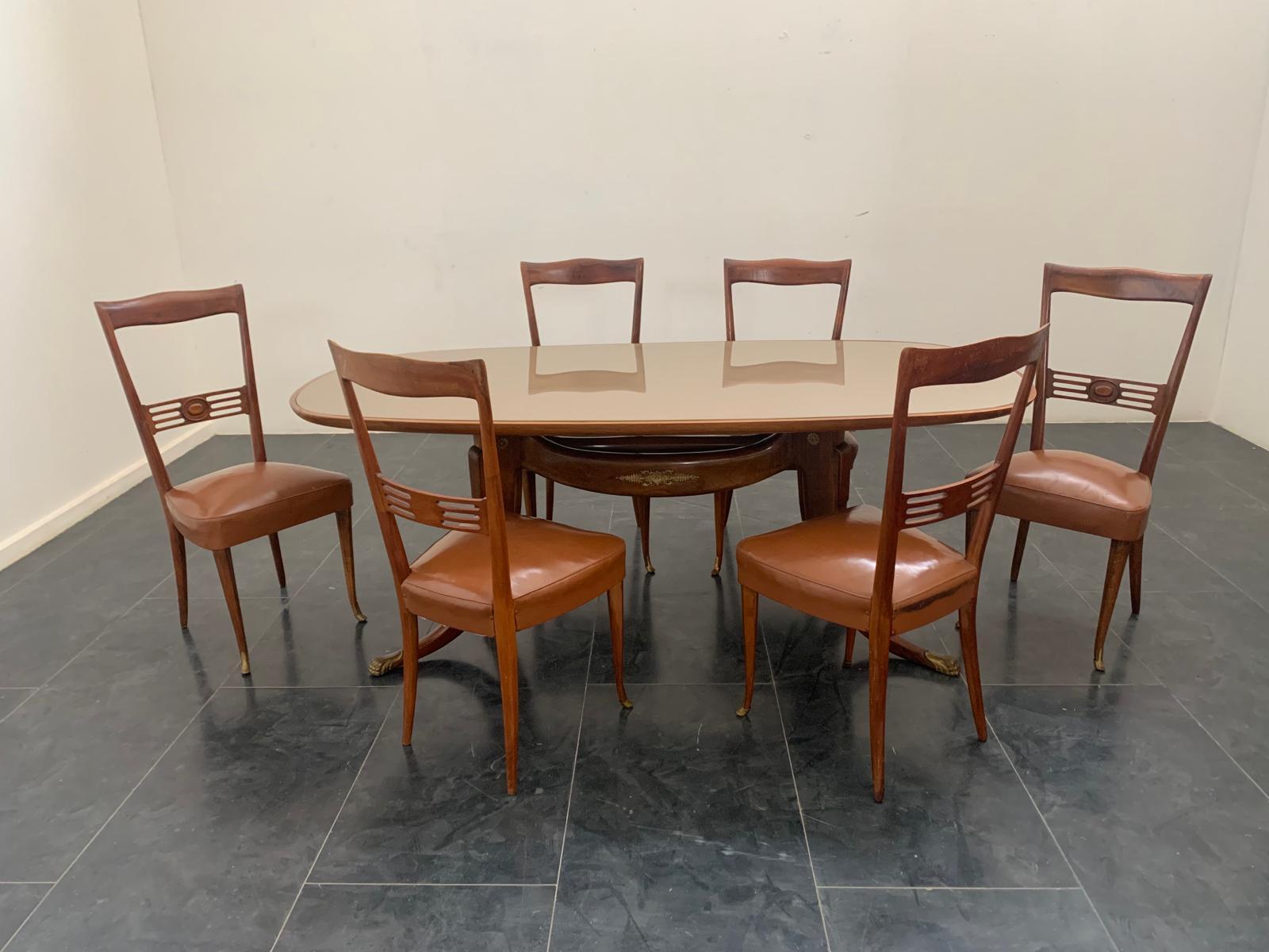 Sedie in legno di palissandro con punte in bronzo dorato di Paolo Buffa, anni '50, Set di 6 in vendita 5