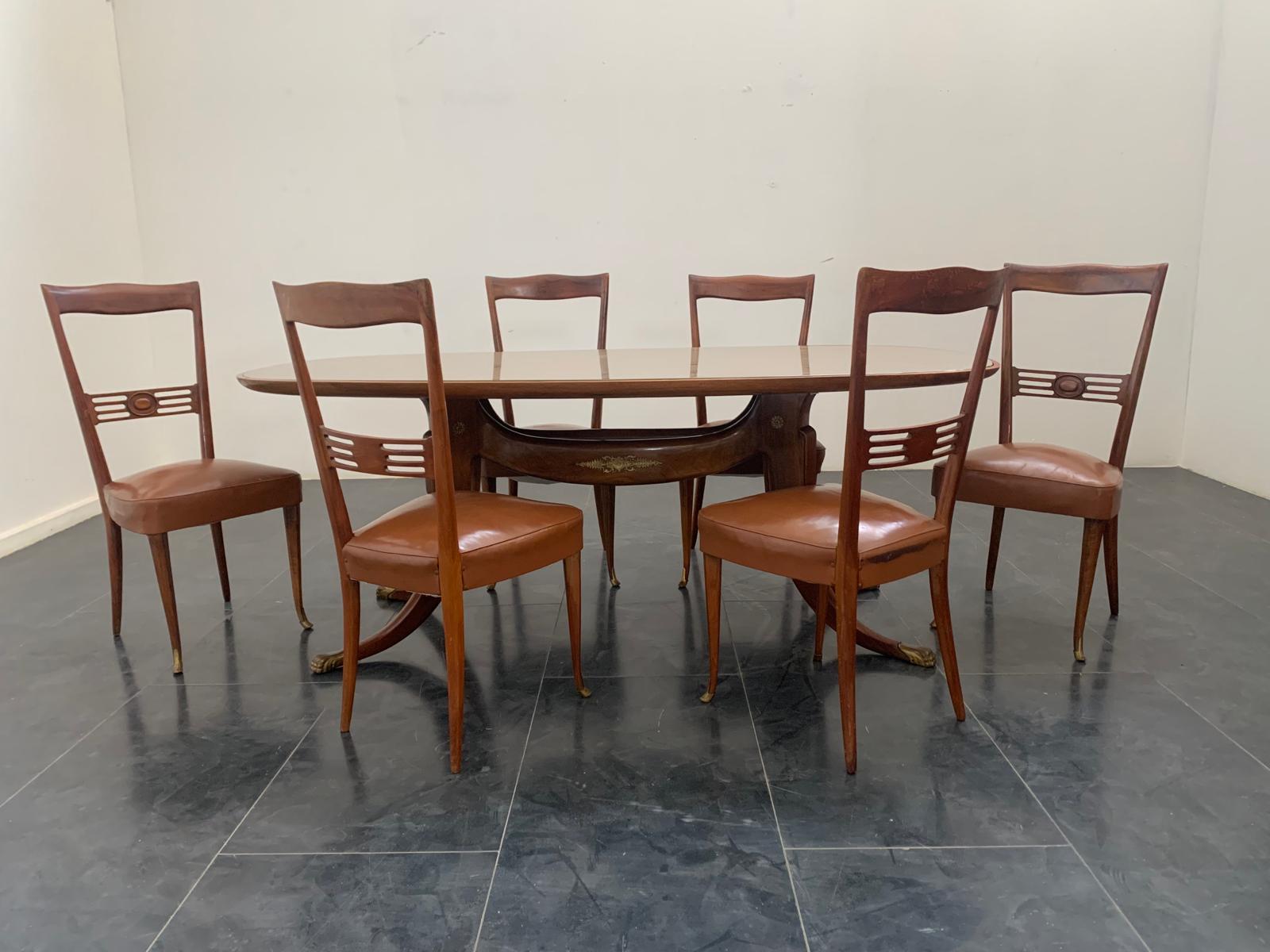 Sedie in legno di palissandro con punte in bronzo dorato di Paolo Buffa, anni '50, Set di 6 in vendita 6