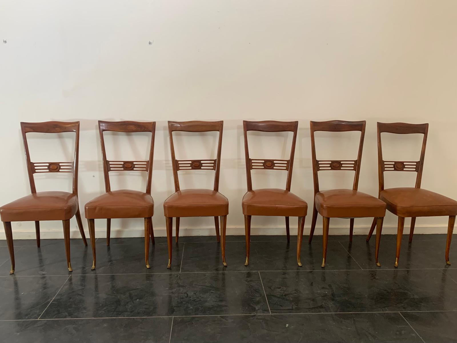 Italian Chairs in Rosewood with Gold Bronze Tips by Paolo Buffa, 1950s, Set of 6 For Sale