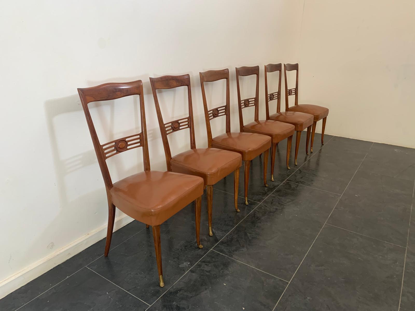Sedie in legno di palissandro con punte in bronzo dorato di Paolo Buffa, anni '50, Set di 6 In condizioni buone in vendita a Montelabbate, PU