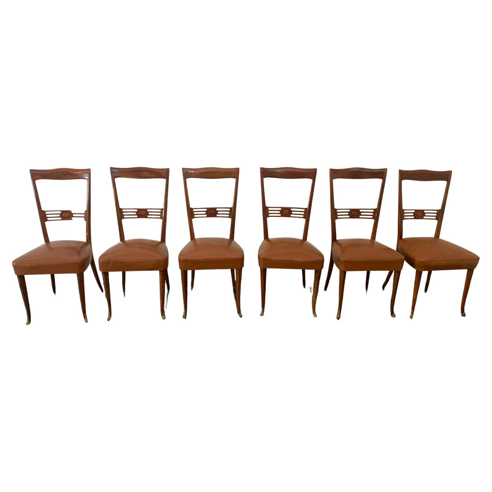 Chairs in Rosewood with Gold Bronze Tips by Paolo Buffa, 1950s, Set of 6 For Sale