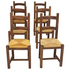 Chairs in Straw, and Solid Wood, from France, 1950, Set of 6