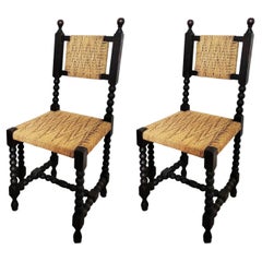 Chairs in Turned Oak Wood and Interwoven Rope. Spain 19th or Early