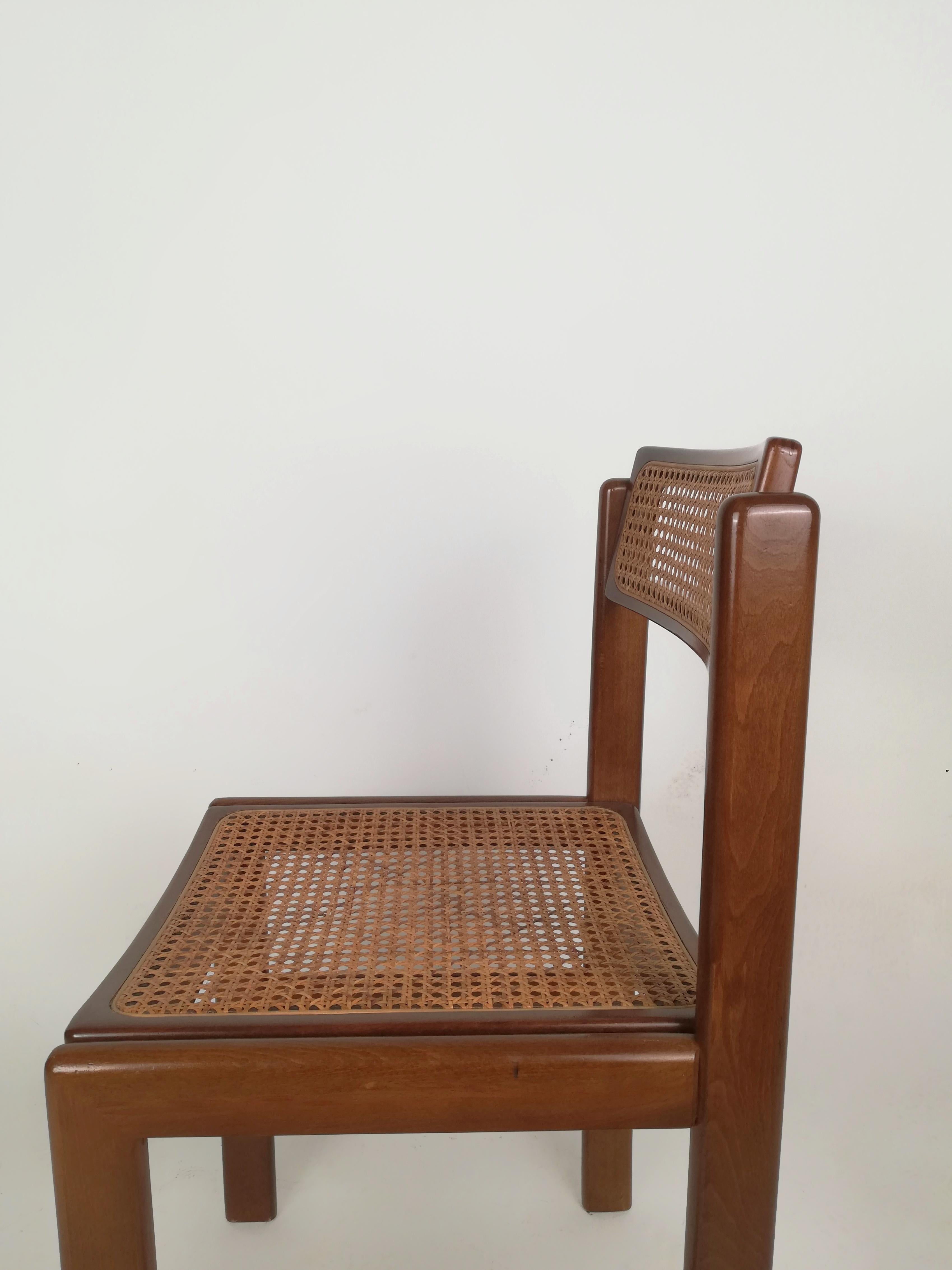 Italian Vintage Chairs in Walnut and Natural Rattan, Italy 1970s 5