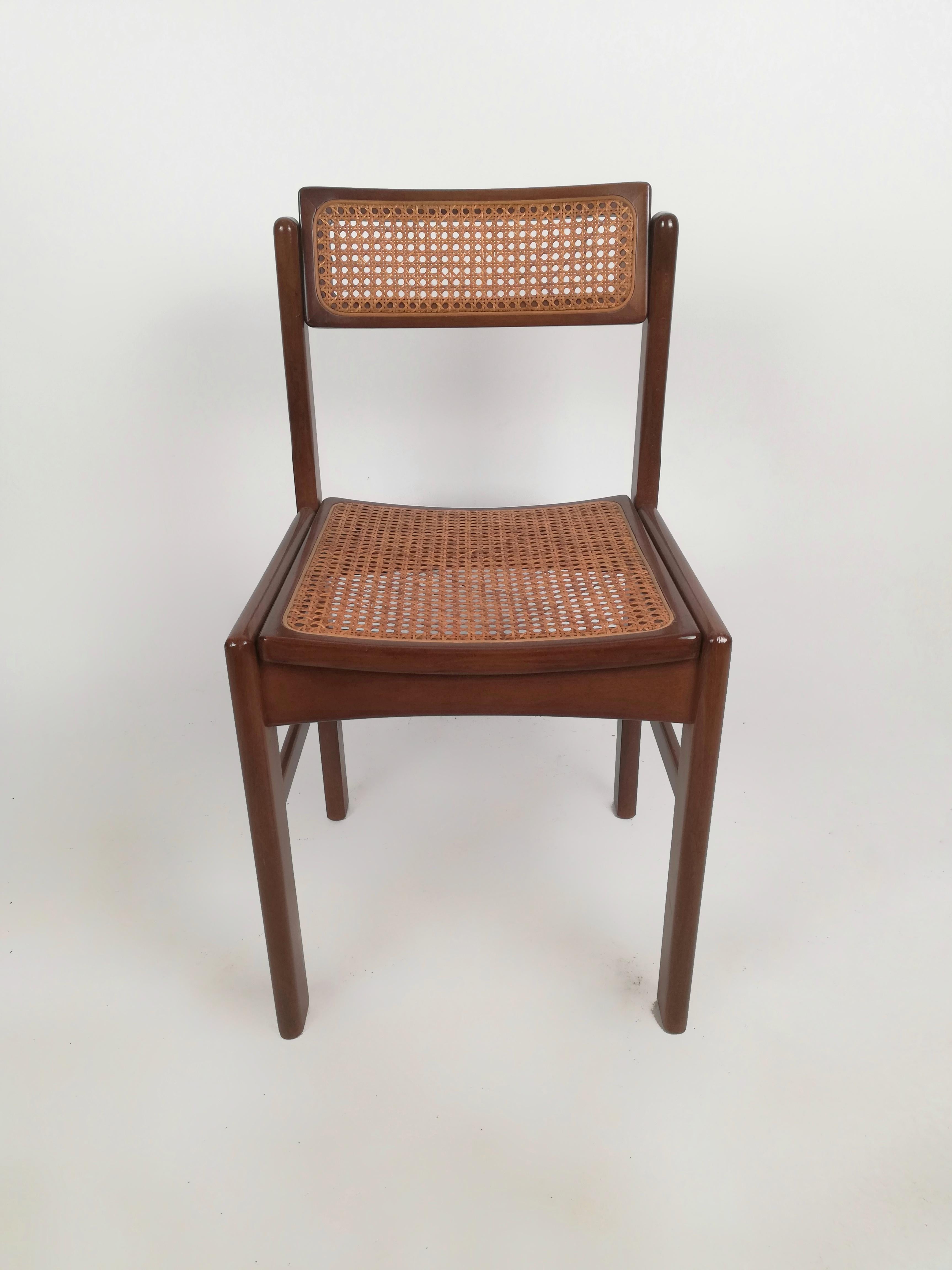 Italian Vintage Chairs in Walnut and Natural Rattan, Italy 1970s 8