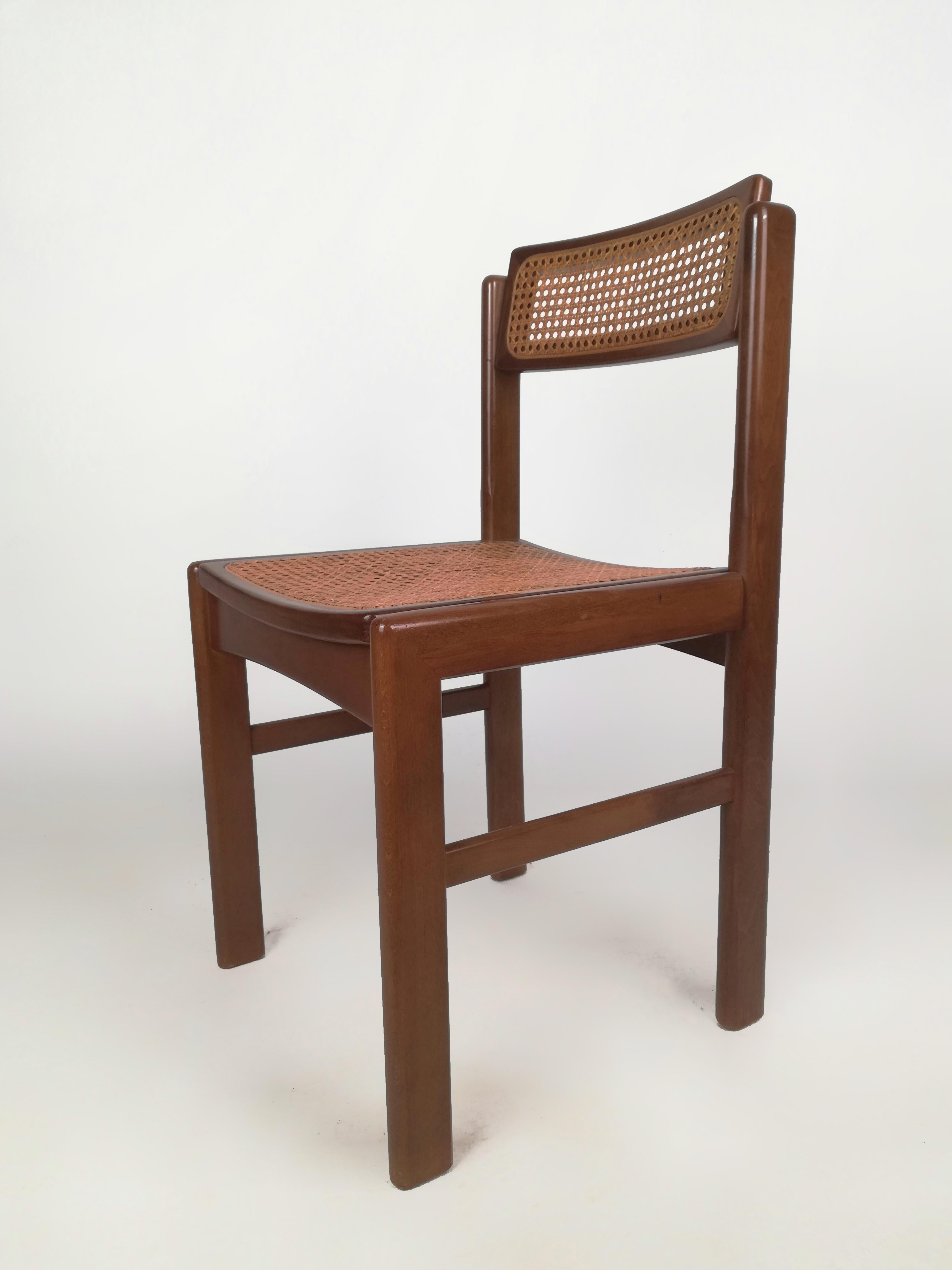 Six chairs in the style of Pierre Jeanneret for design and materials used.
Produced in Italy during the 70s, they have a solid structure in solid walnut, while the backrest and seat are made of Vienna straw.
The chairs have a beautiful patina and