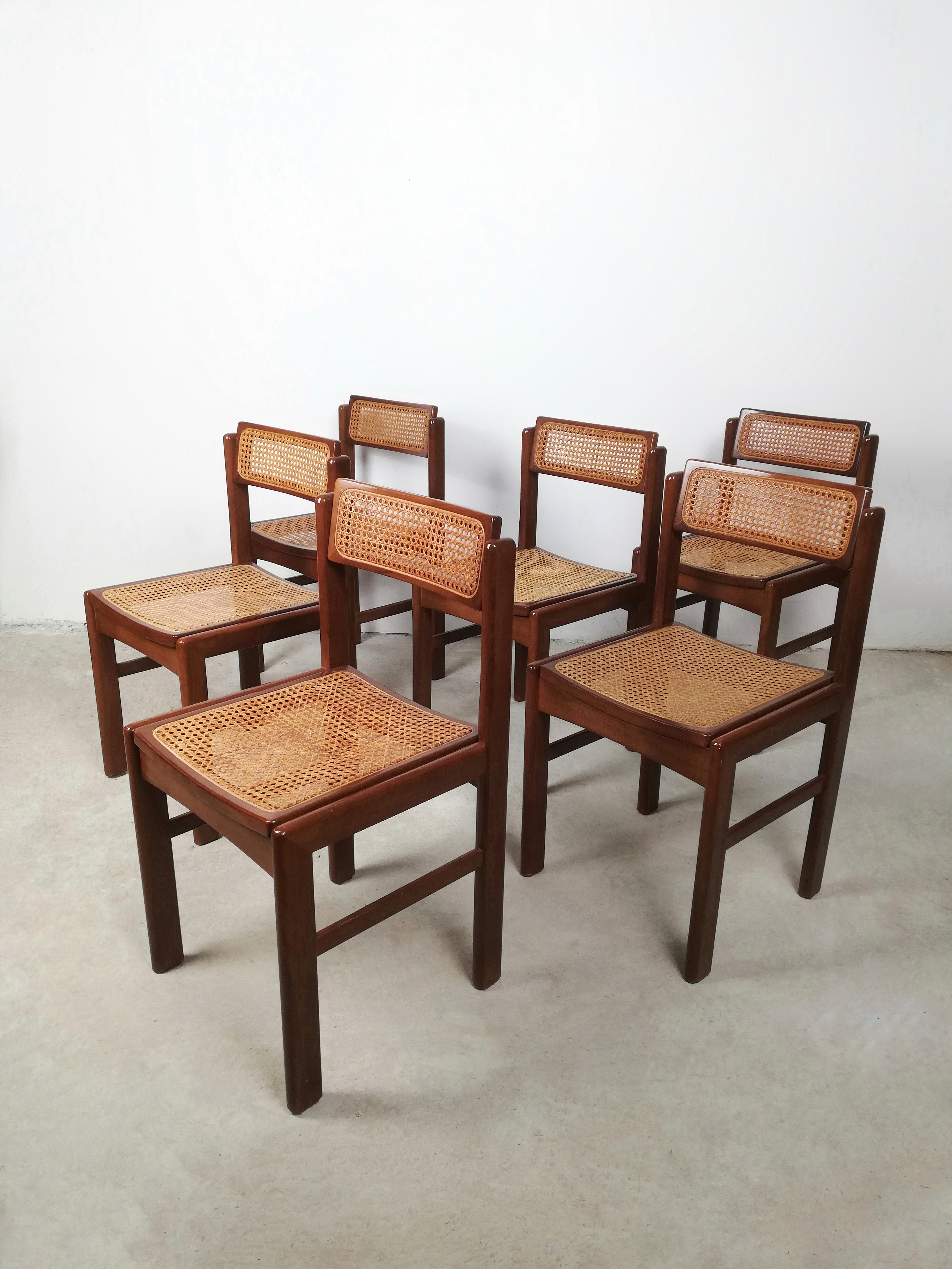 Mid-Century Modern Italian Vintage Chairs in Walnut and Natural Rattan, Italy 1970s