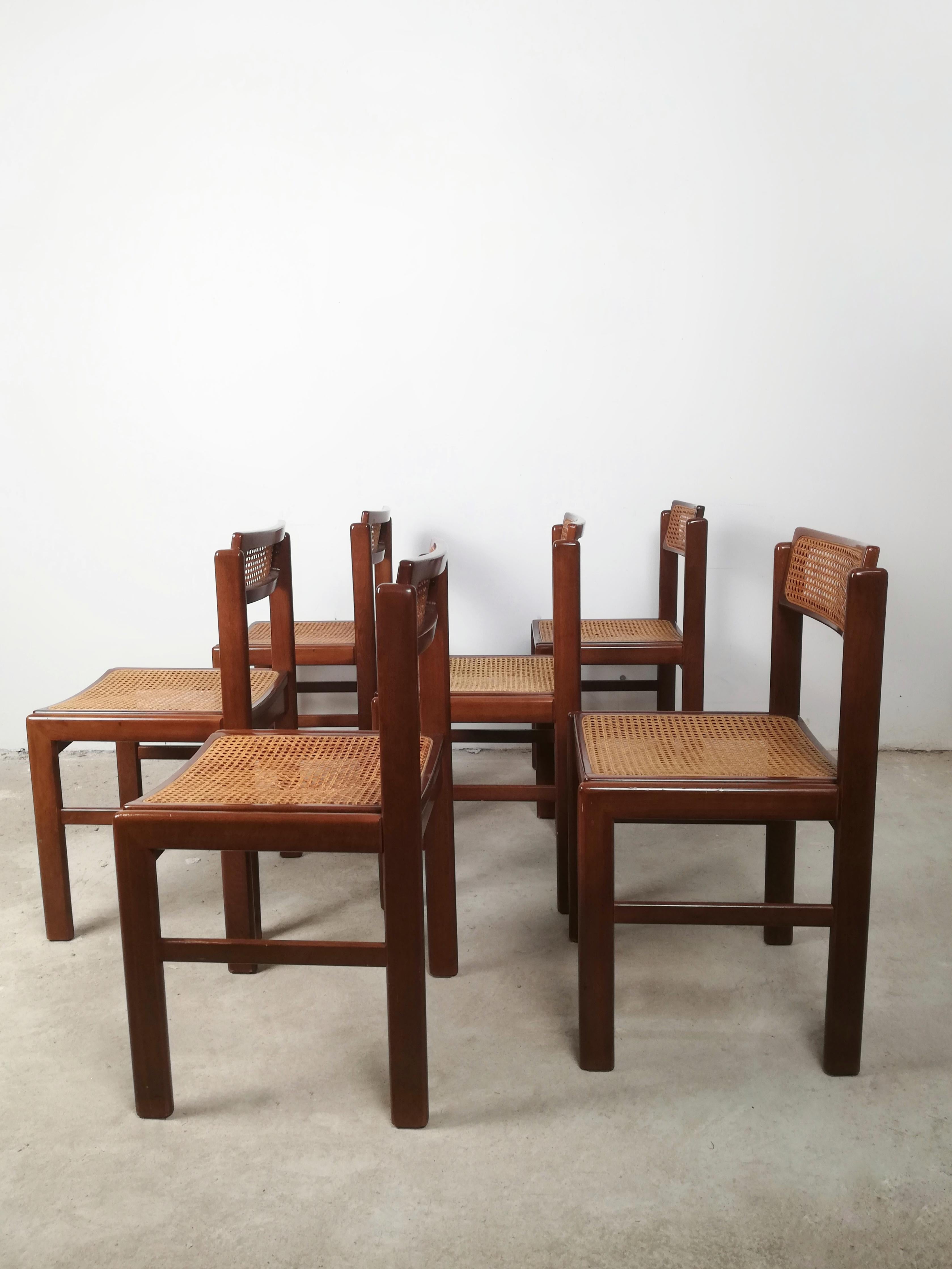 20th Century Italian Vintage Chairs in Walnut and Natural Rattan, Italy 1970s